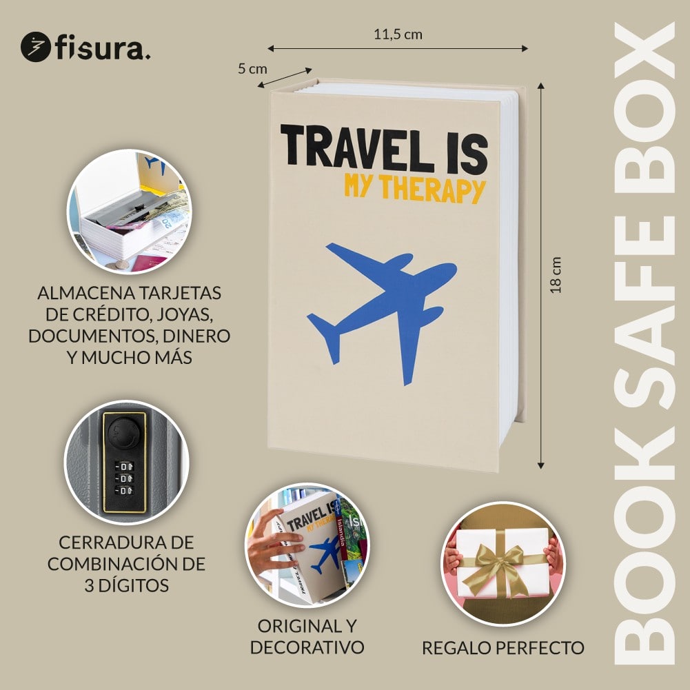 Caja fuerte libro “Travel is my therapy”