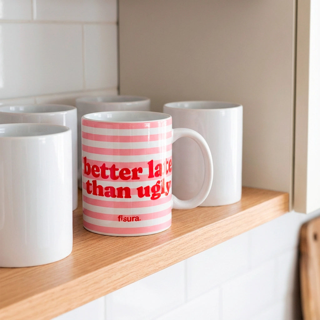 Taza "Better late than ugly" rayas