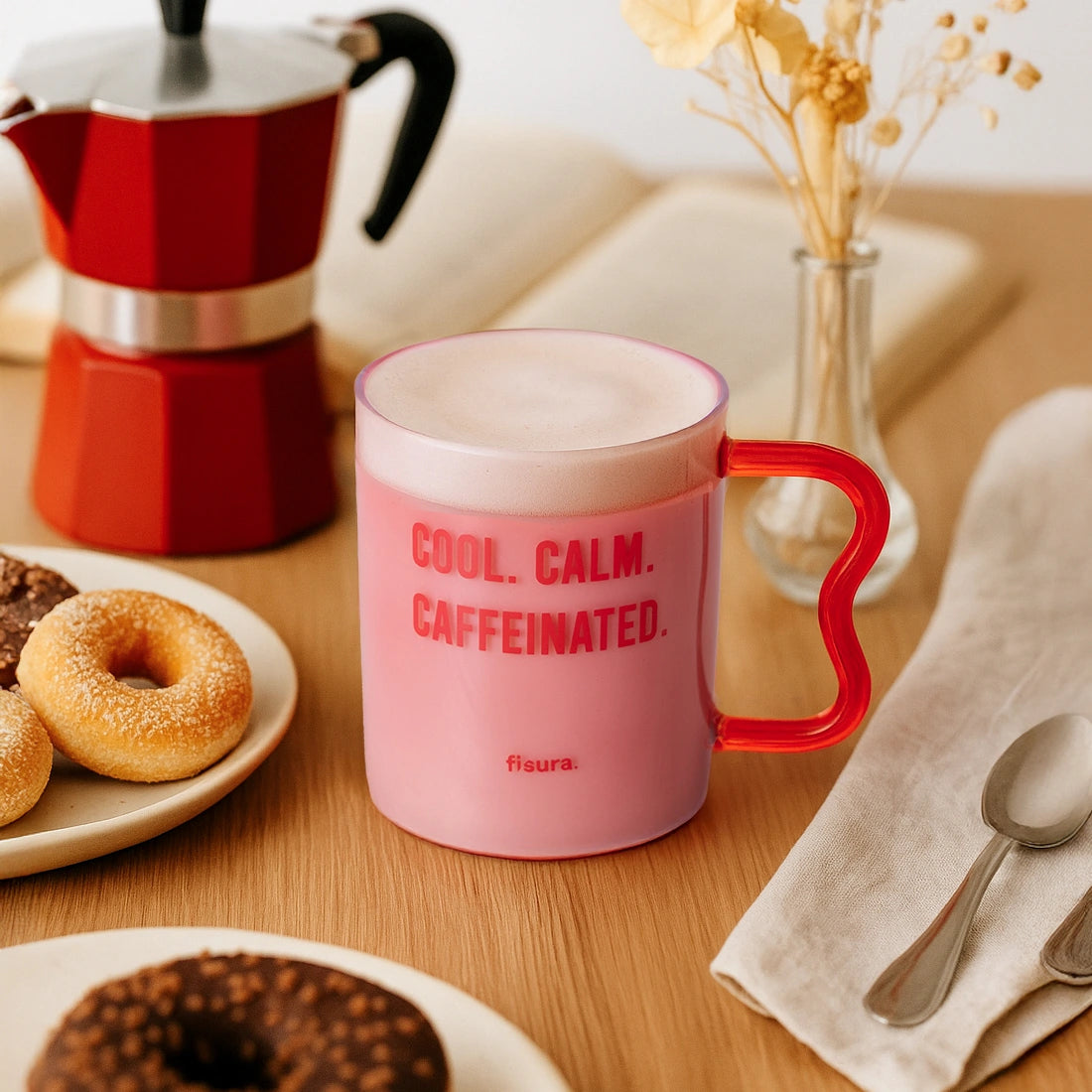 Tazza in vetro "Cool, calm, caffeinated"