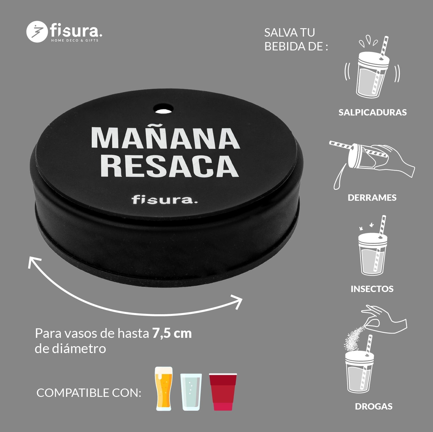 Tapa vasos antidroga “Mañana resaca” 5 unidades