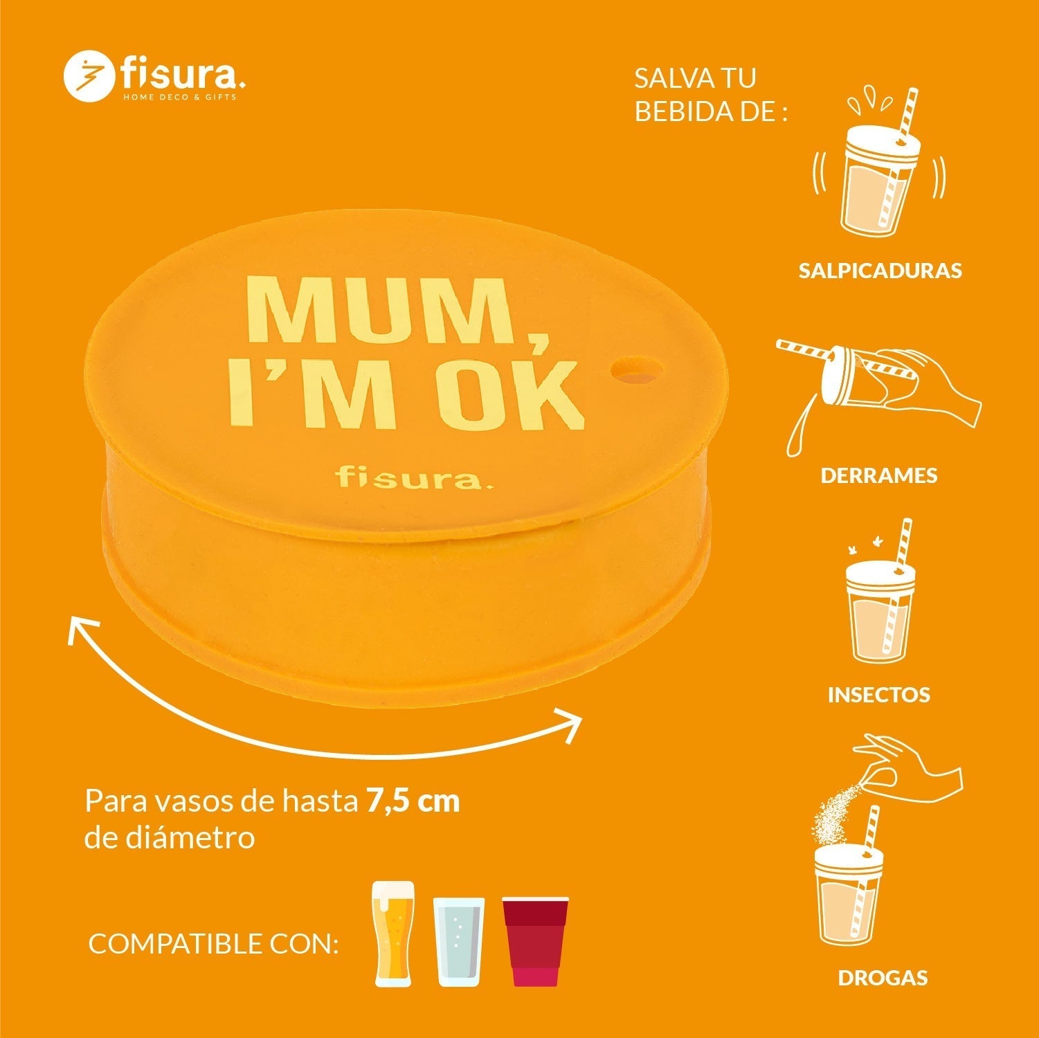 Tapa vasos antidroga “Mum I'm ok” 5 unidades