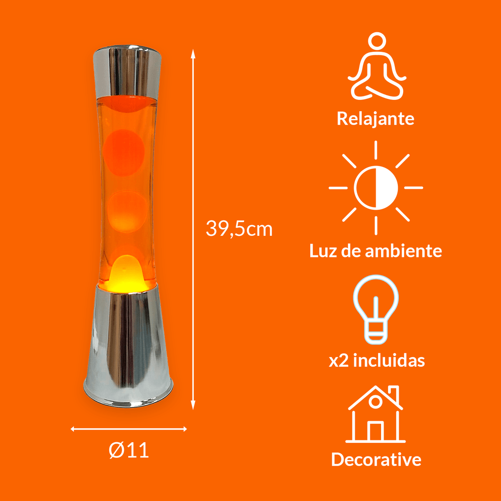 Lámpara de lava con base cromo, líquido naranja y lava naranja