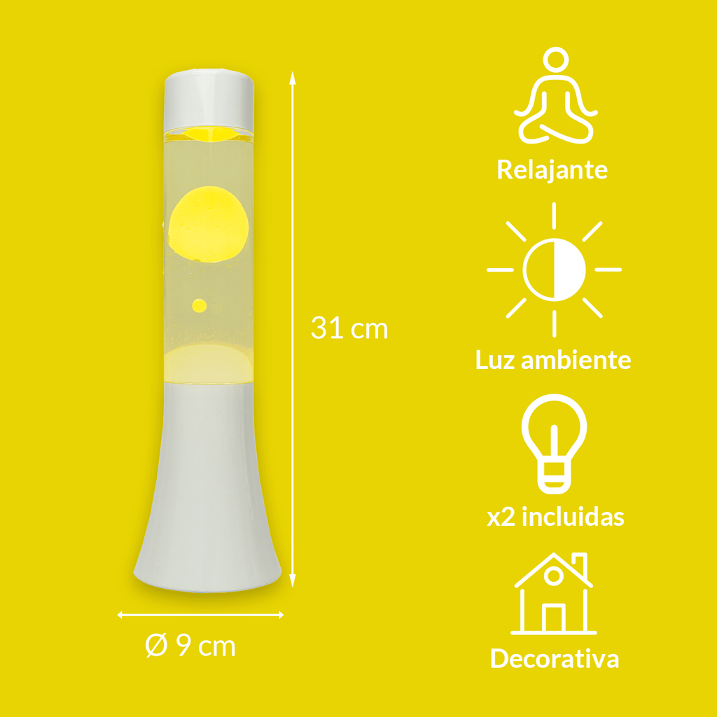 Lámpara de lava amarilla de 30 cm con base blanca y líquido transparente