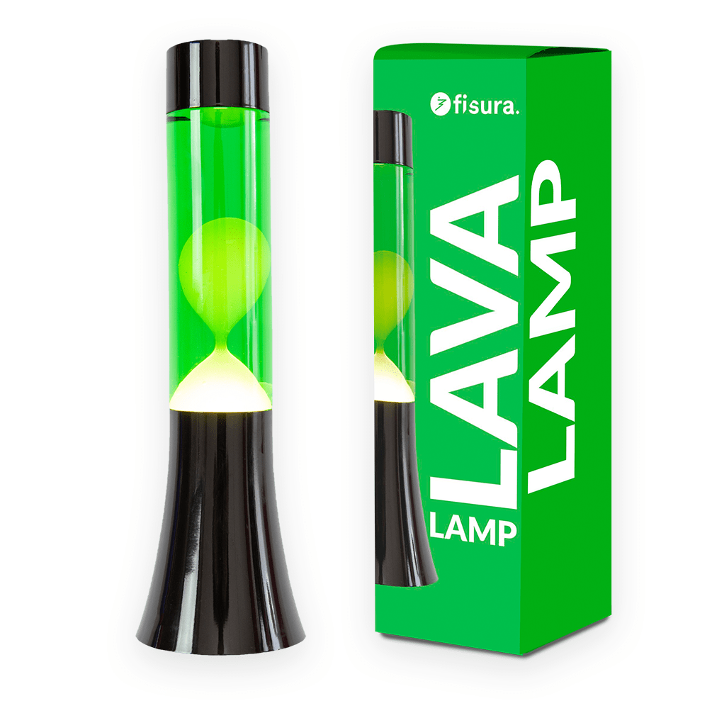 Lámpara de lava amarilla de 30 cm con base negra y líquido verde
