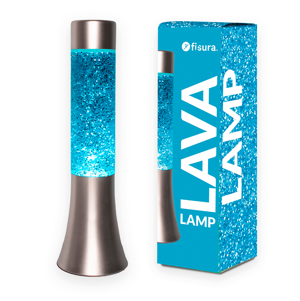 Lámpara de lava glitter de 30 cm con base plateada y líquido azul