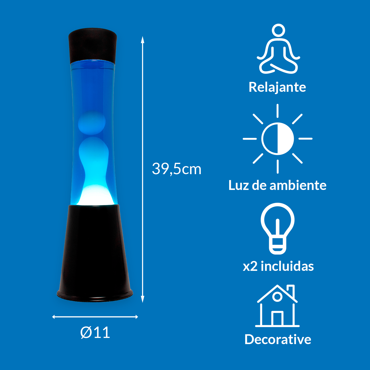 Lámpara de lava blanca de 40 cm con base negra y líquido azul