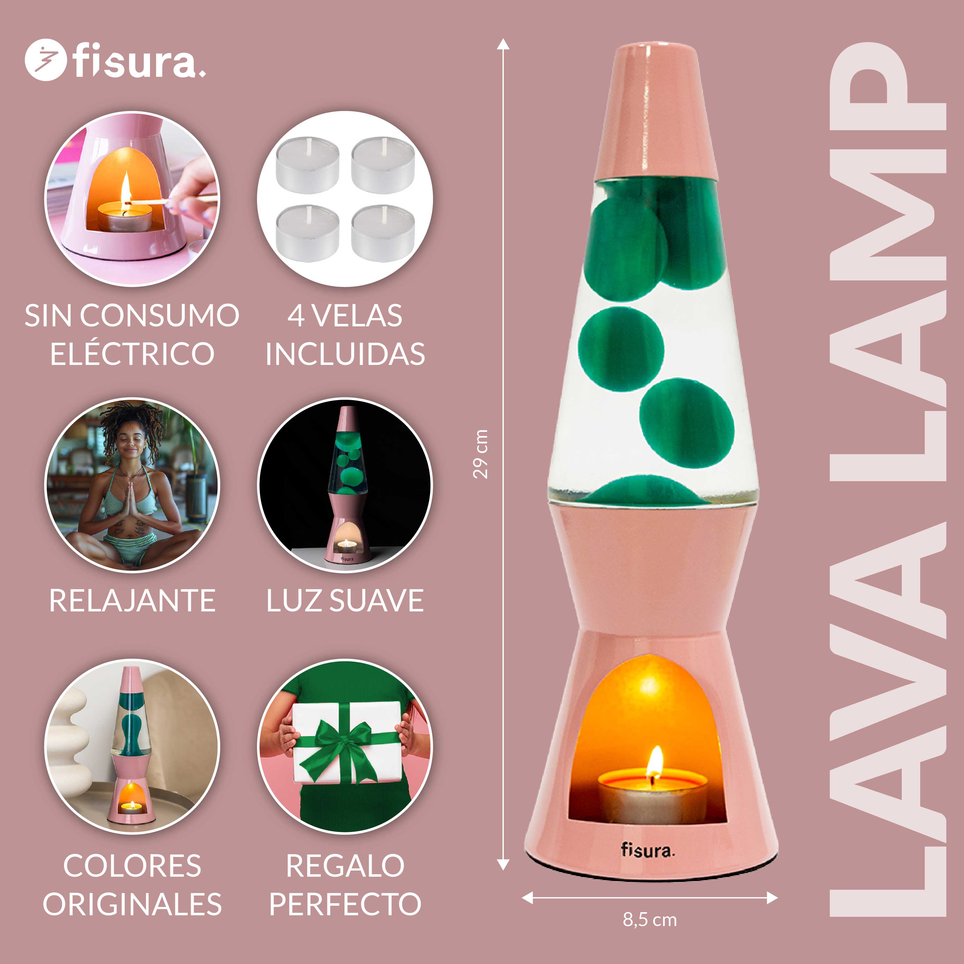 Lámpara de lava vela verde y rosa