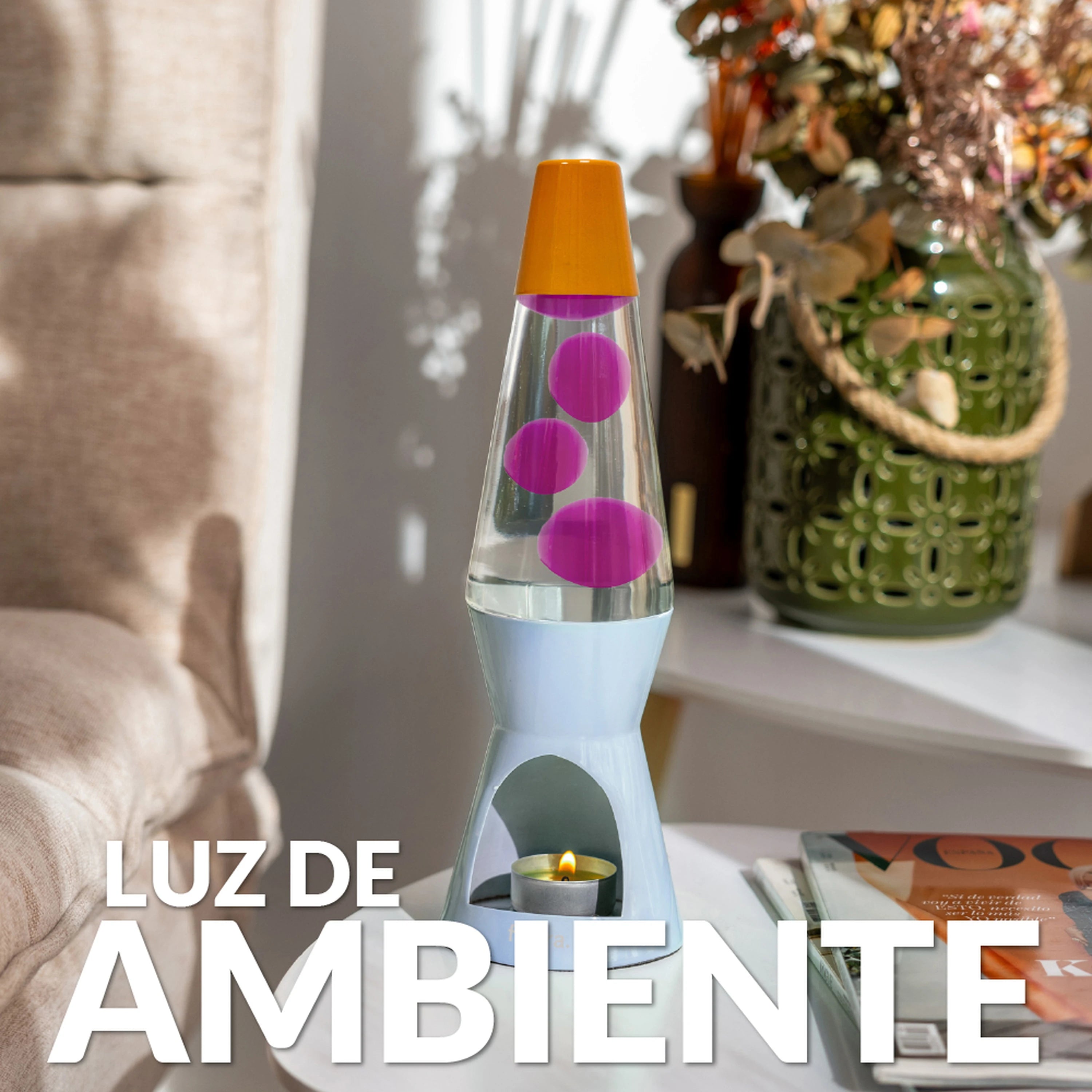 Lámpara de lava vela naranja, rosa y azul