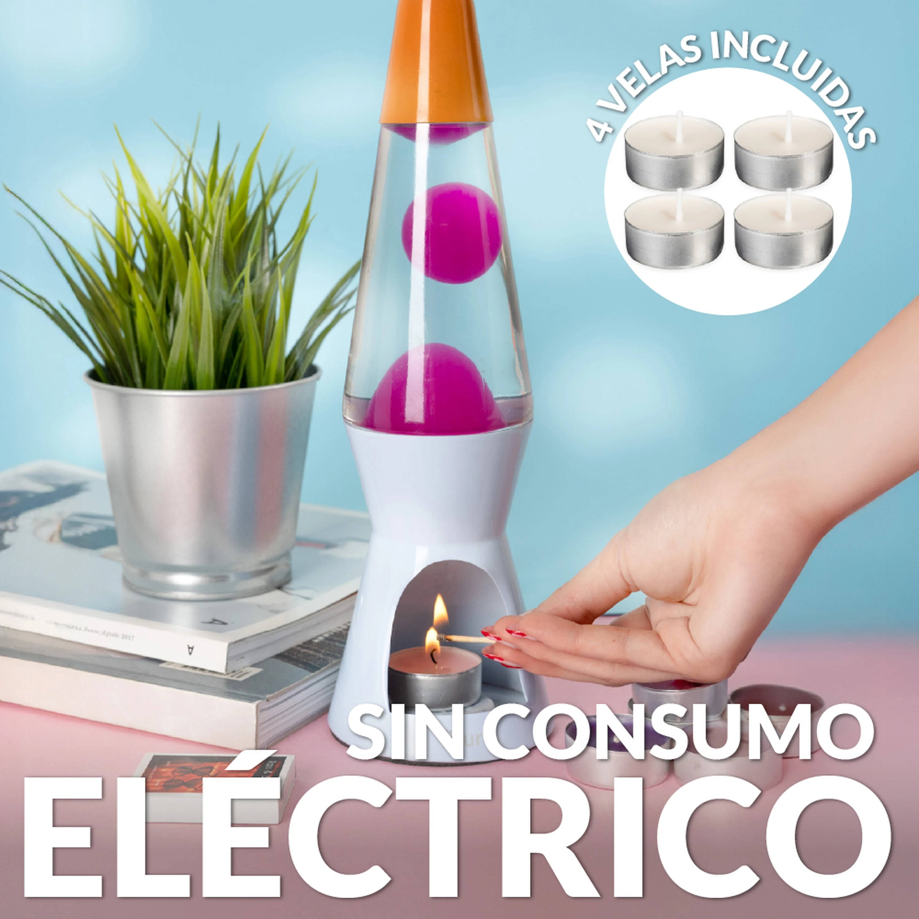 Lámpara de lava vela naranja, rosa y azul