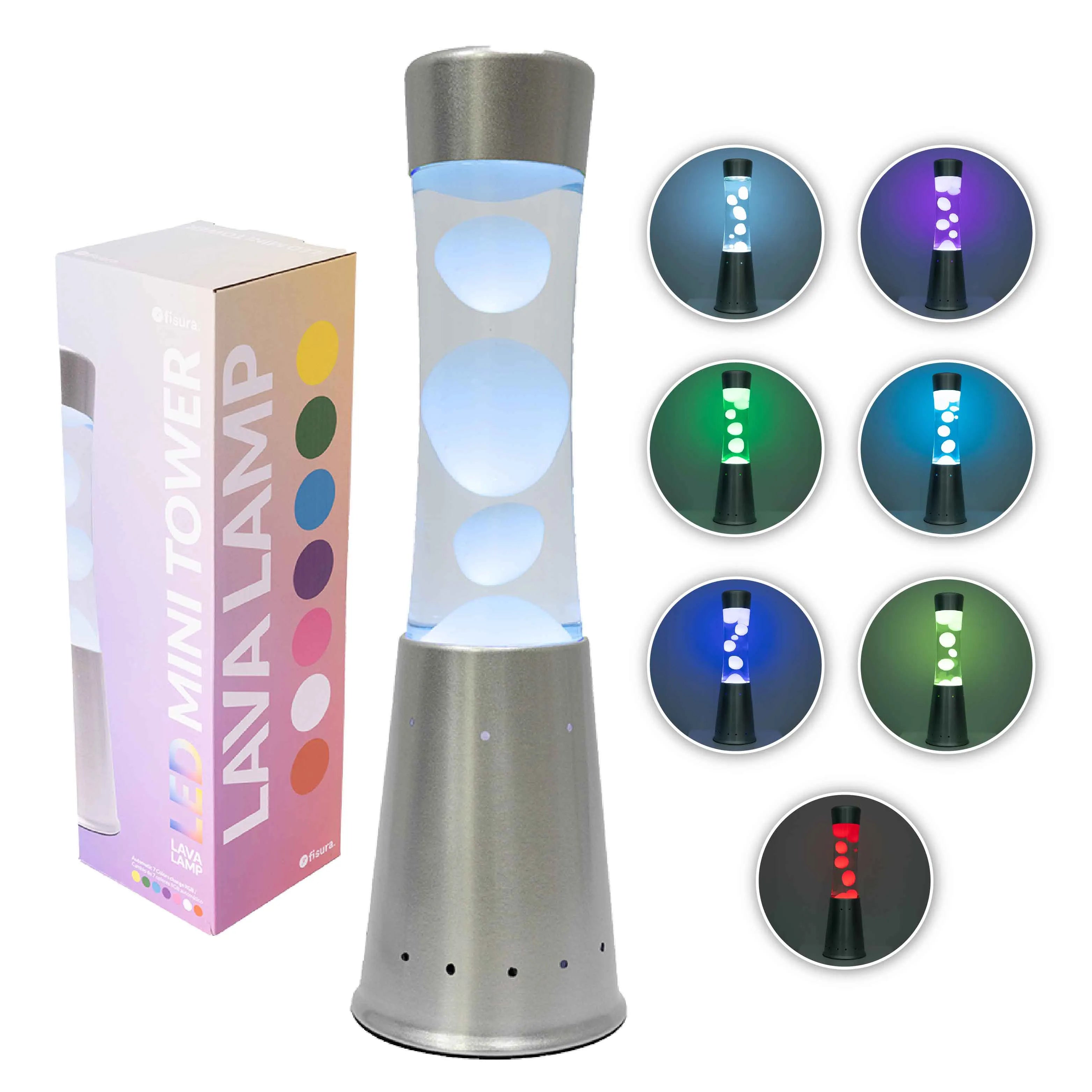 Lampada lava LED base argento – 7 colori