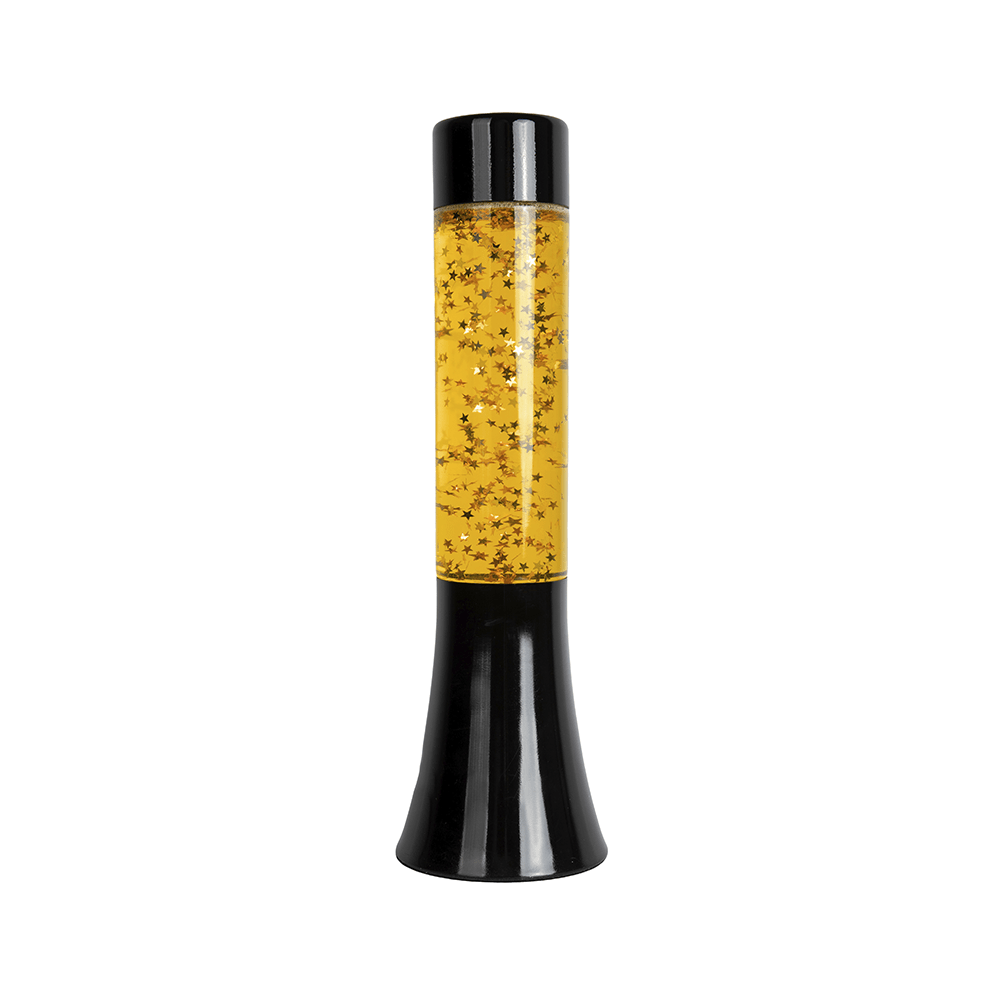 Lámpara de lava glitter de estrellas de 30 cm con base negra y líquido amarillo