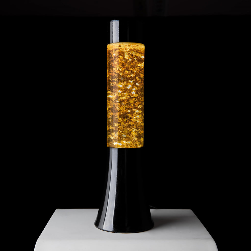 Lámpara de lava glitter de estrellas de 30 cm con base negra y líquido amarillo