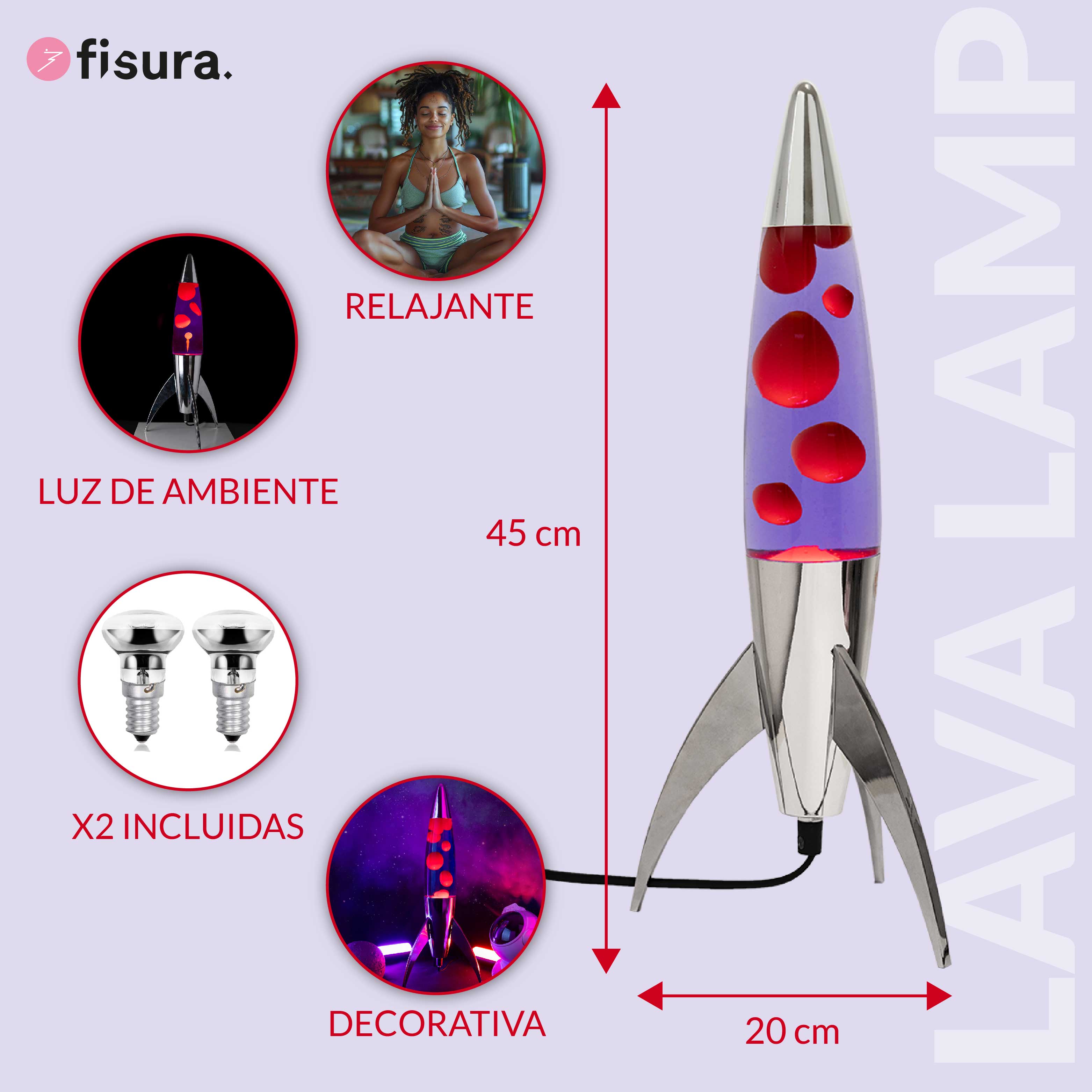 Lámpara de lava rocket roja y morada