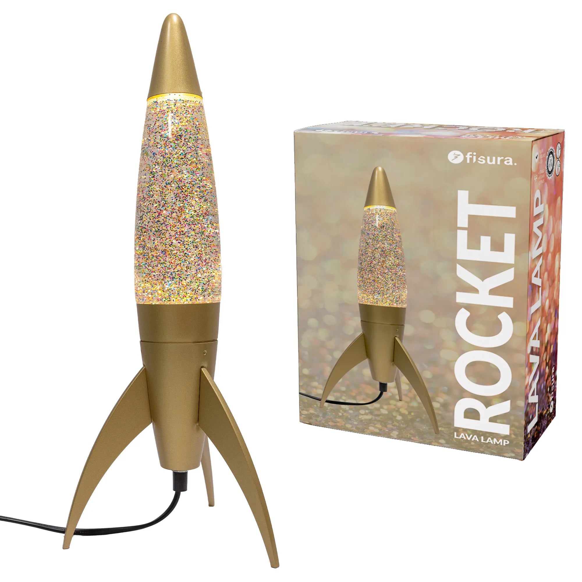 Lámpara de lava rocket purpurina oro