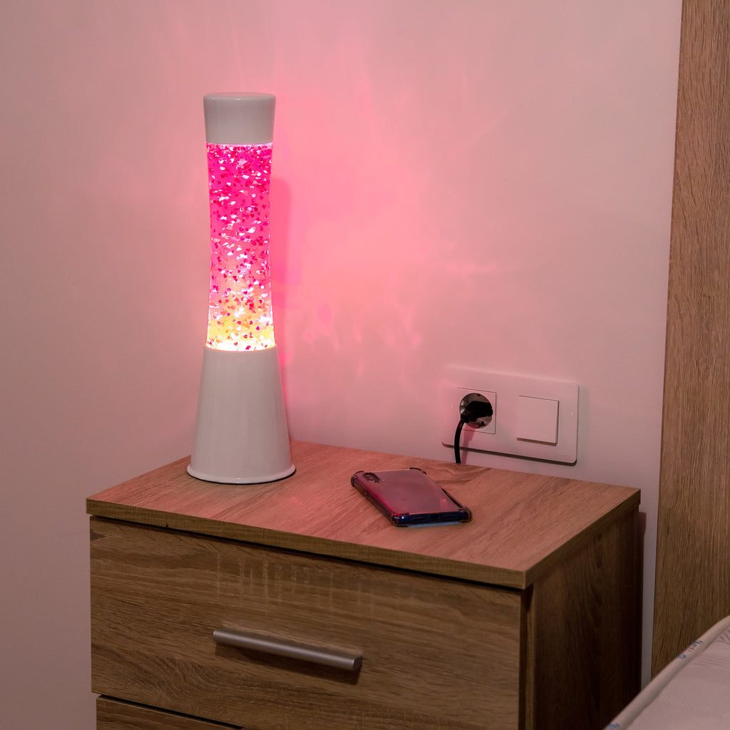 Lámpara de lava con purpurina de corazones de 40 cm con base blanca y líquido rosa