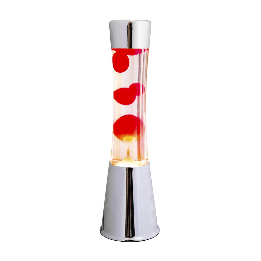 Lámpara de Lava con base cromo, líquido transparente y lava roja