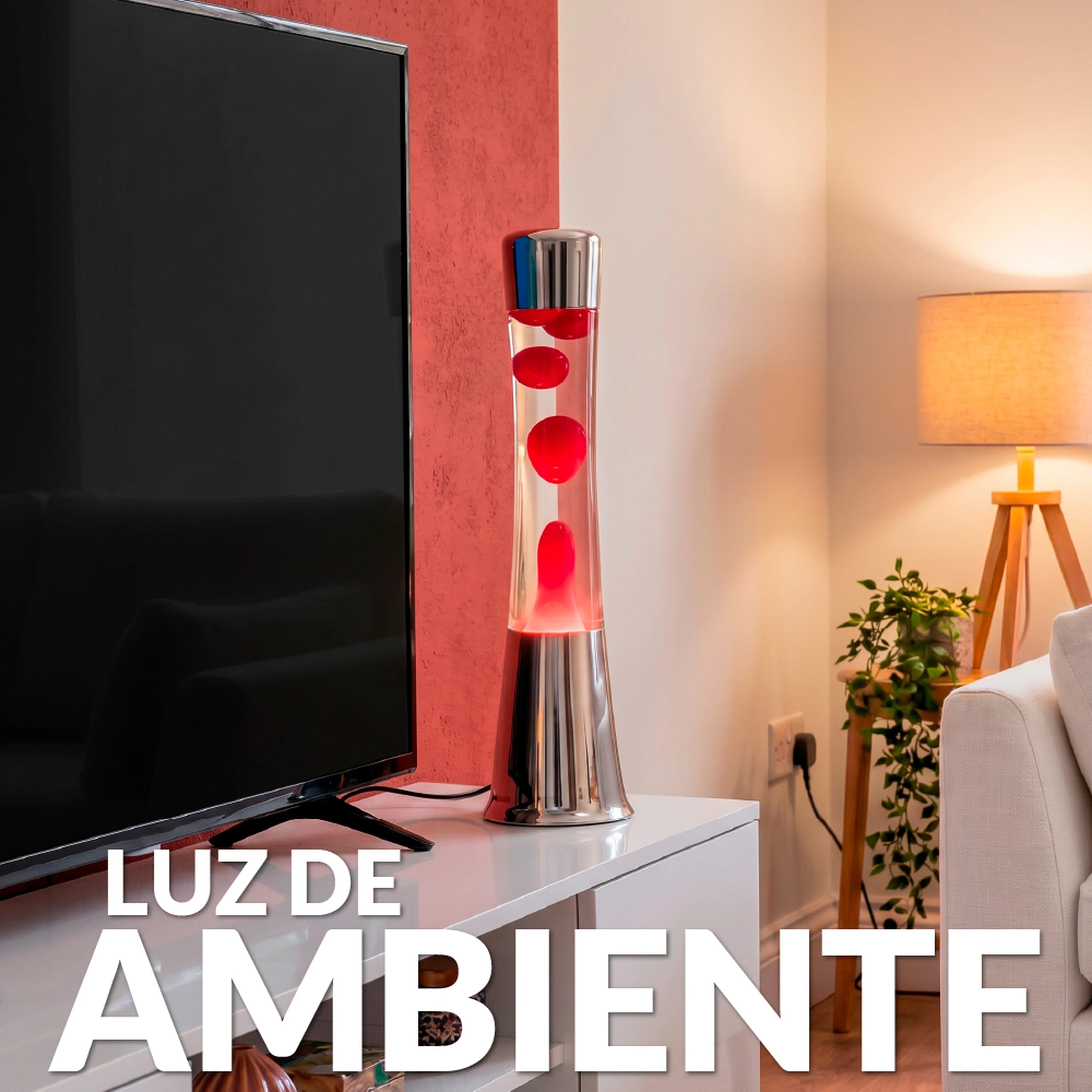 Lámpara de Lava con base cromo, líquido transparente y lava roja