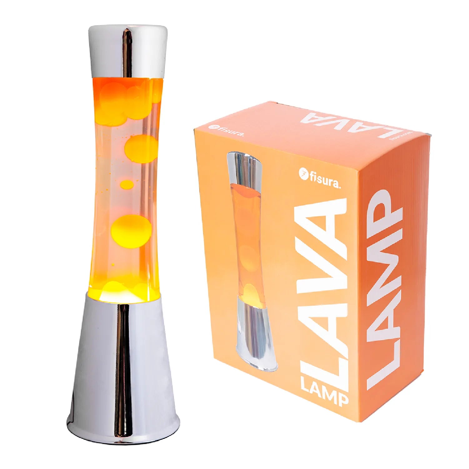 Lámpara de Lava con base cromo, líquido transparente y lava naranja