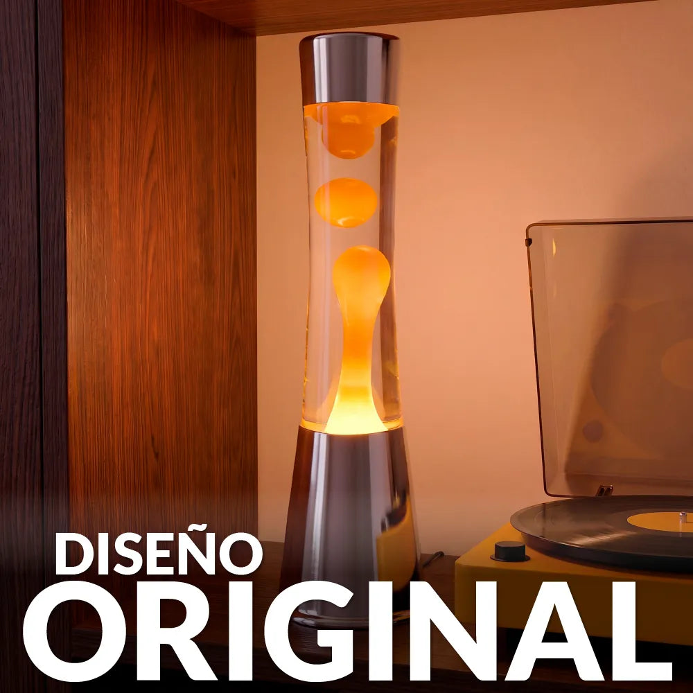 Lámpara de Lava con base cromo, líquido transparente y lava naranja