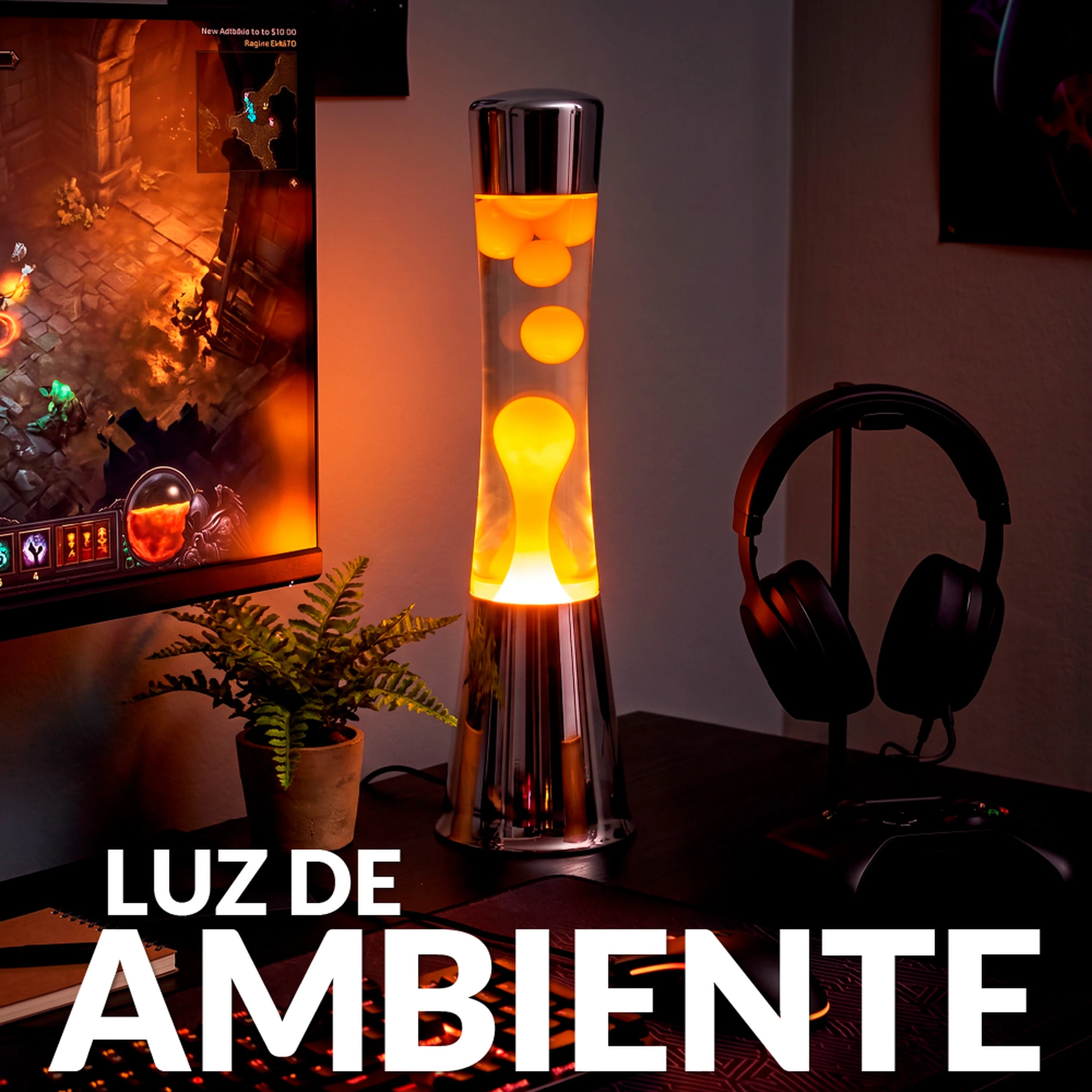 Lámpara de Lava con base cromo, líquido transparente y lava naranja