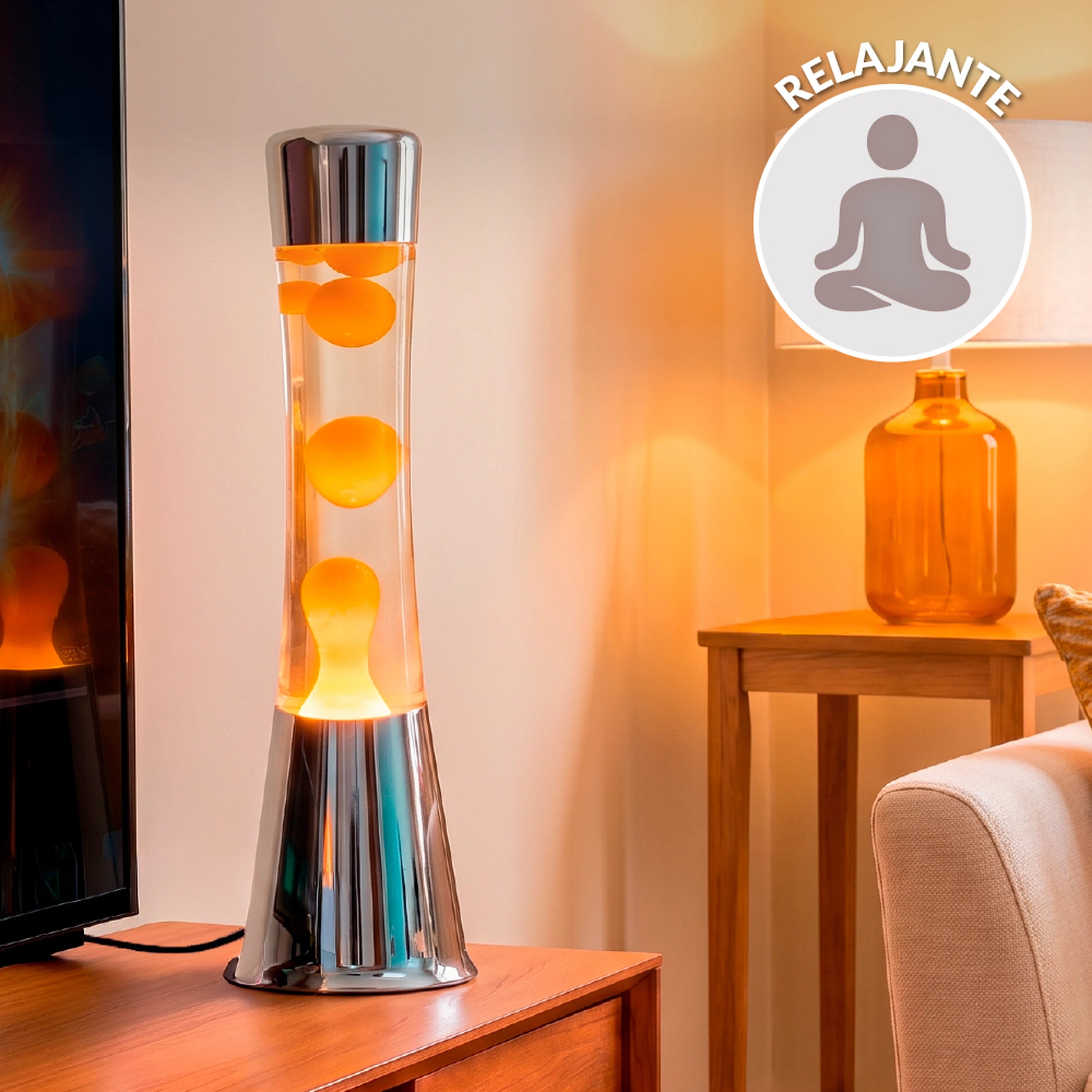 Lámpara de Lava con base cromo, líquido transparente y lava naranja
