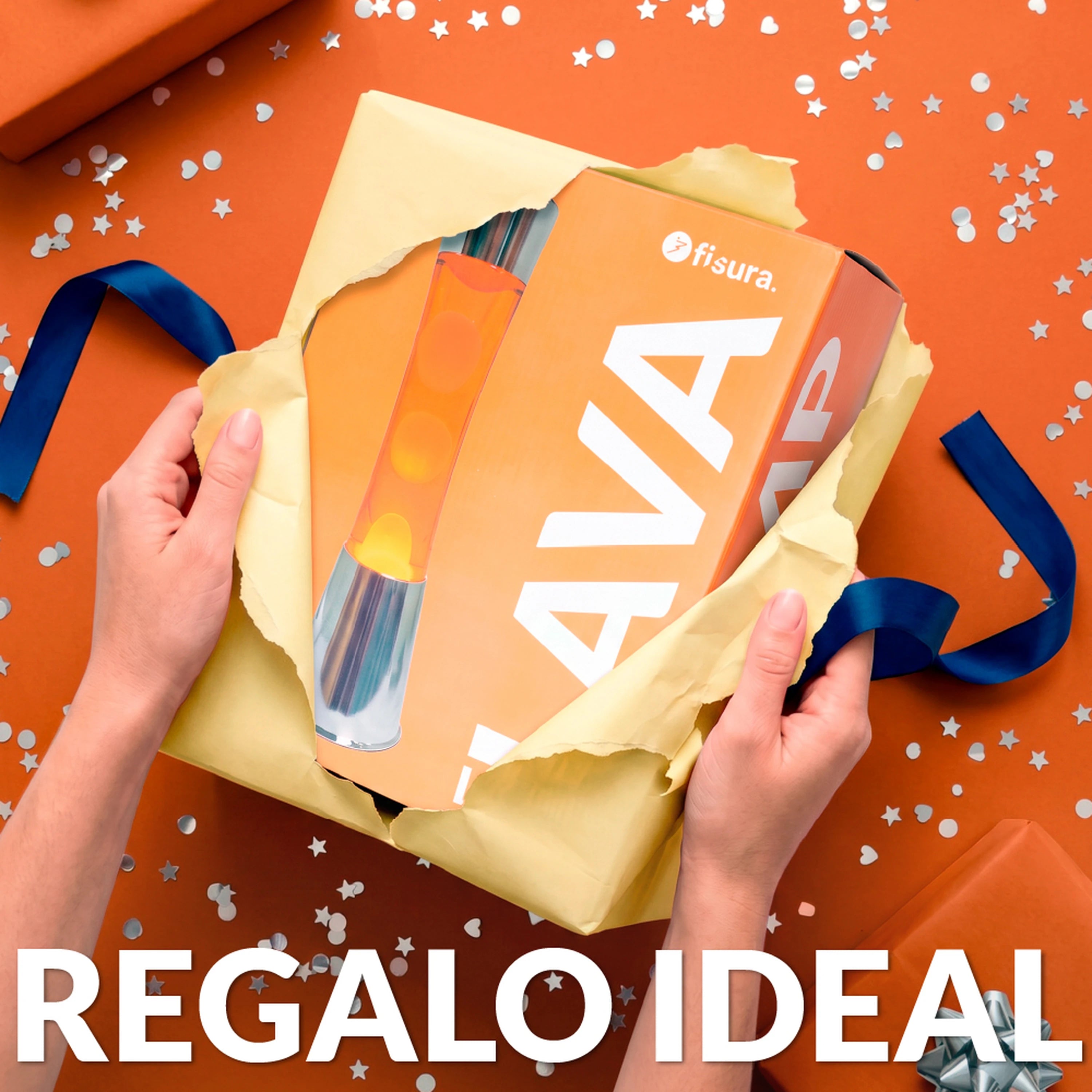 Lámpara de Lava con base cromo, líquido transparente y lava naranja