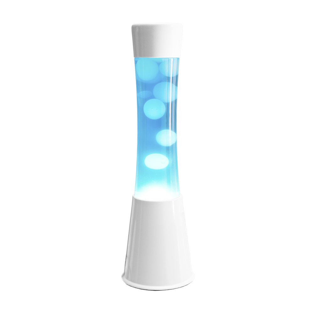 Lámpara de Lava con base blanca, líquido azul y lava color menta