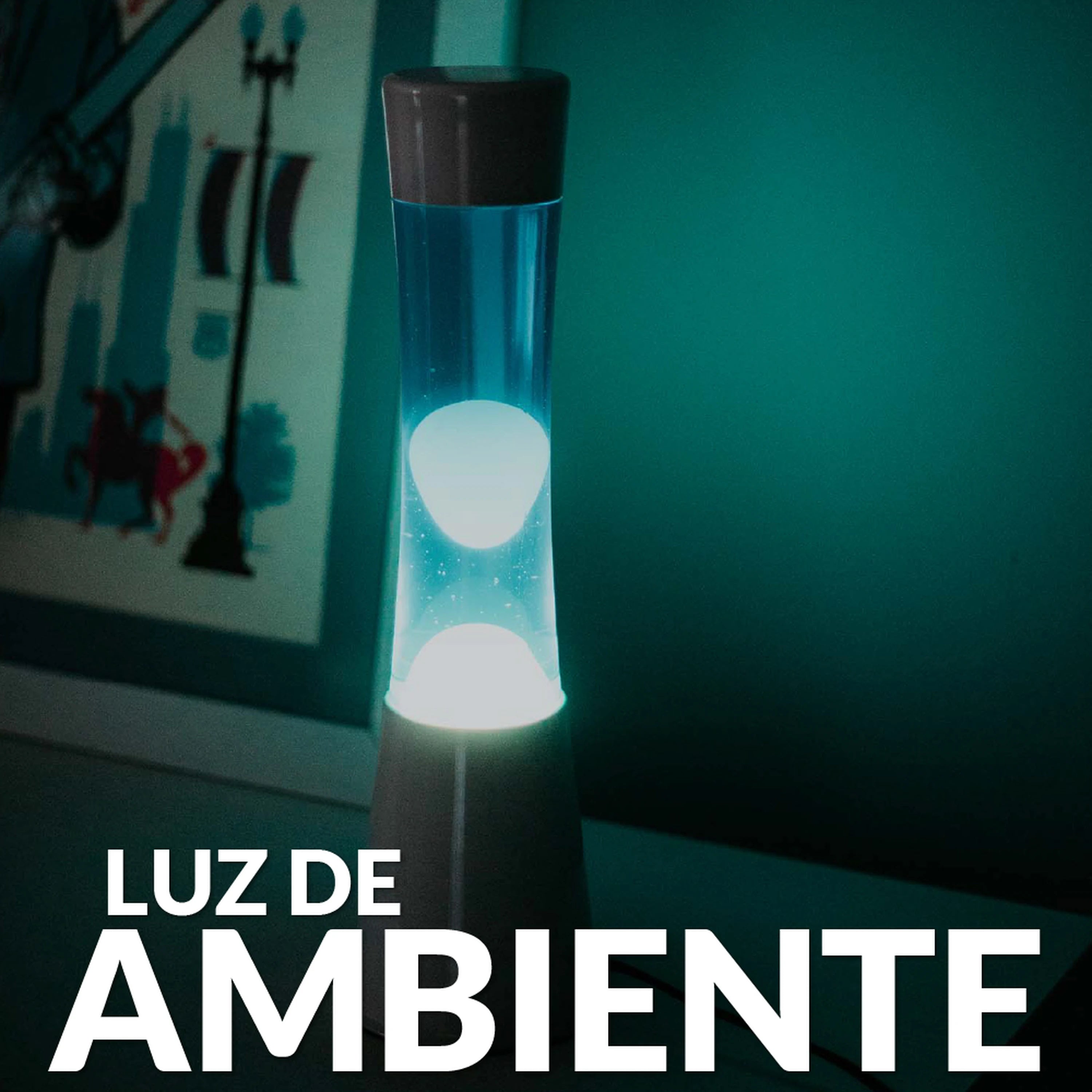 Lámpara de Lava con base blanca, líquido azul y lava color menta