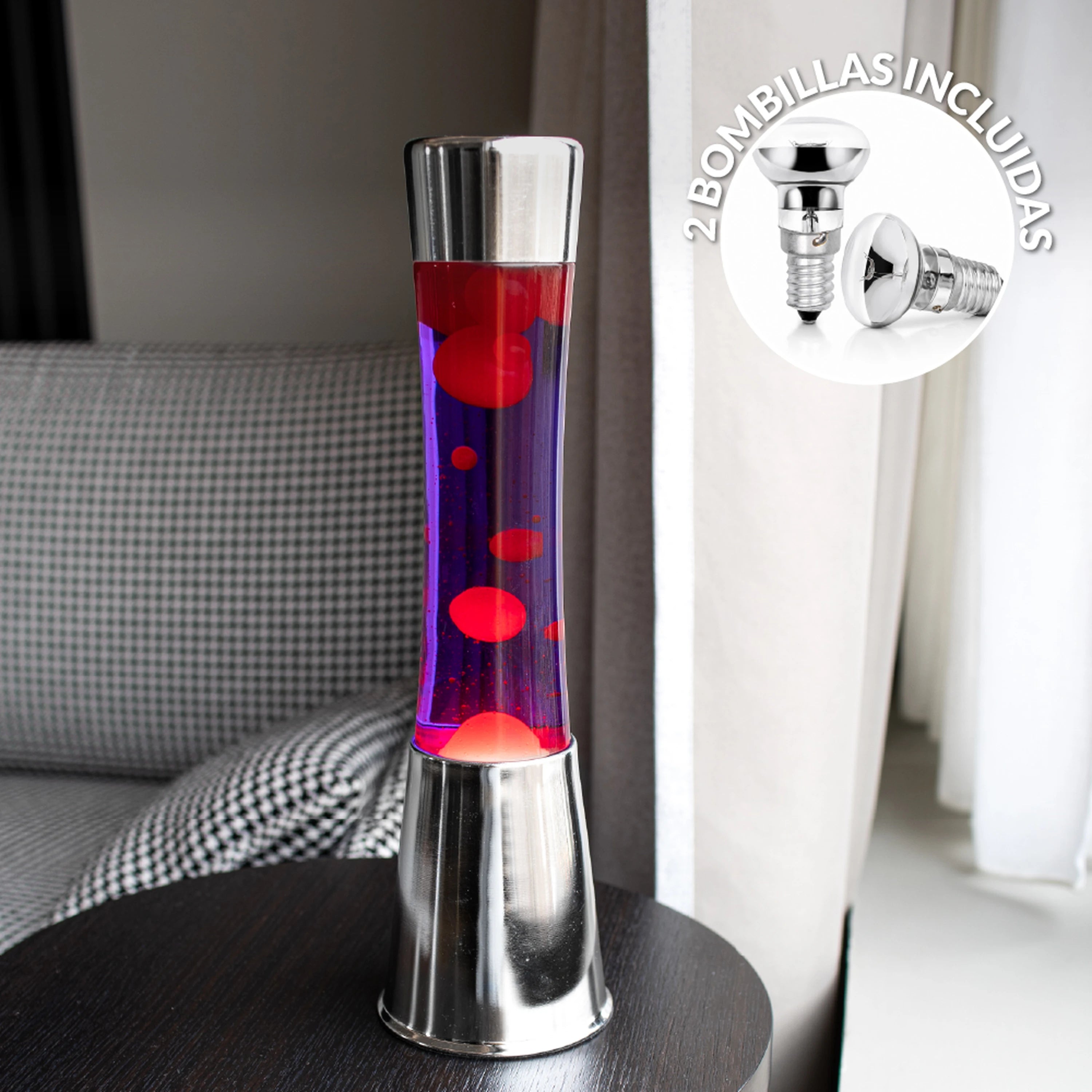 Lámpara de Lava con base cromo, líquido morado y lava roja