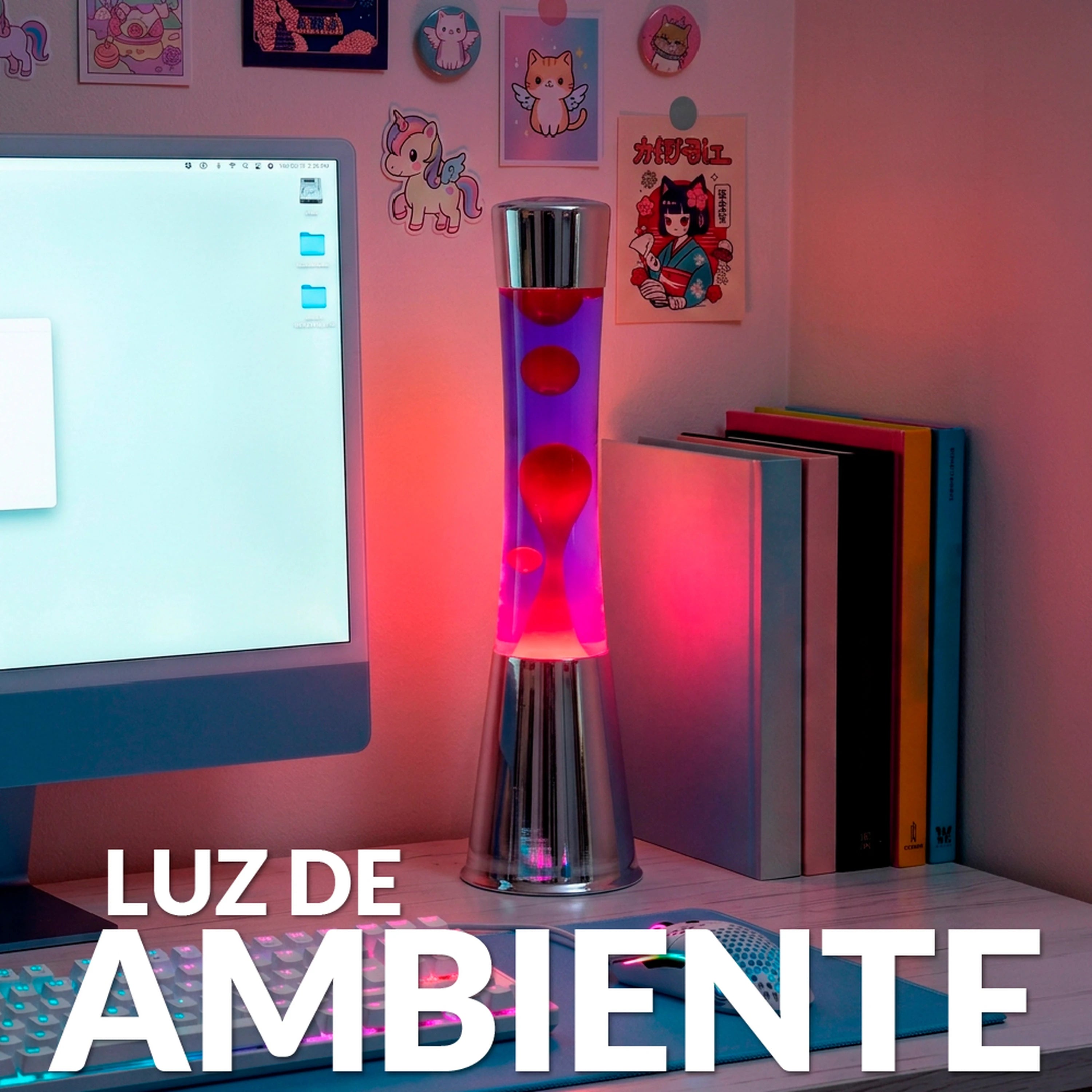 Lámpara de Lava con base cromo, líquido morado y lava roja