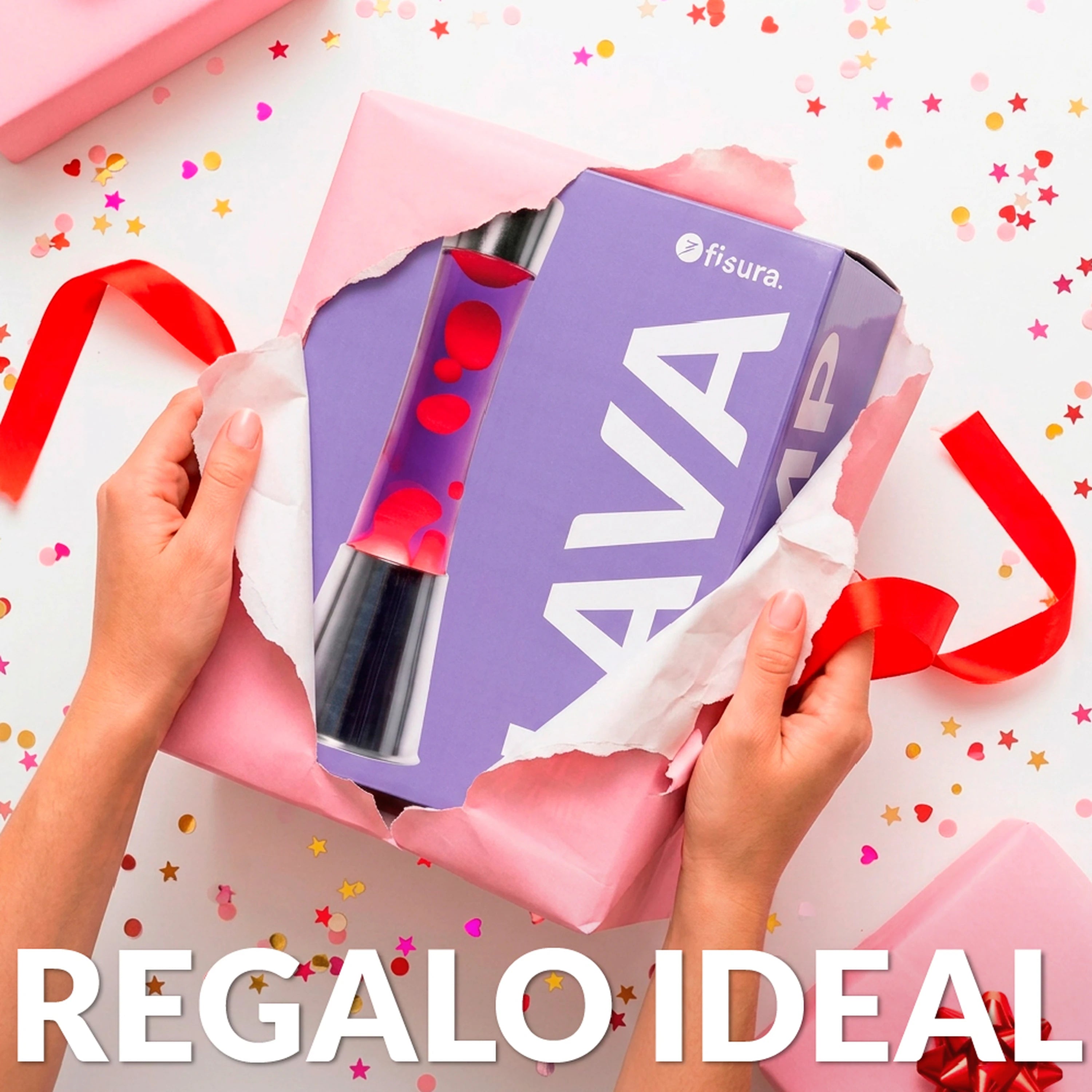 Lámpara de Lava con base cromo, líquido morado y lava roja