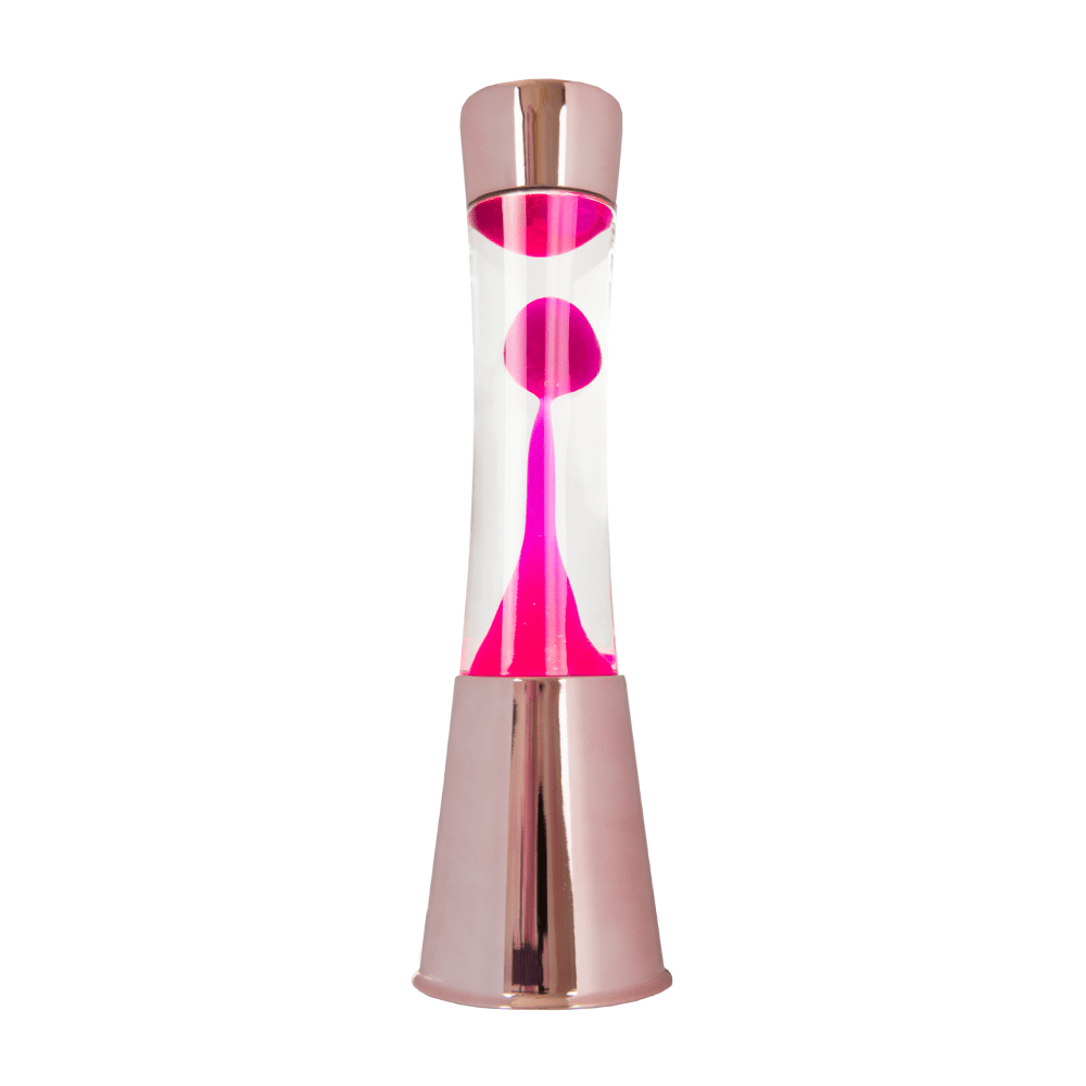 Lámpara de Lava con base oro rosa, líquido transparente y lava magenta
