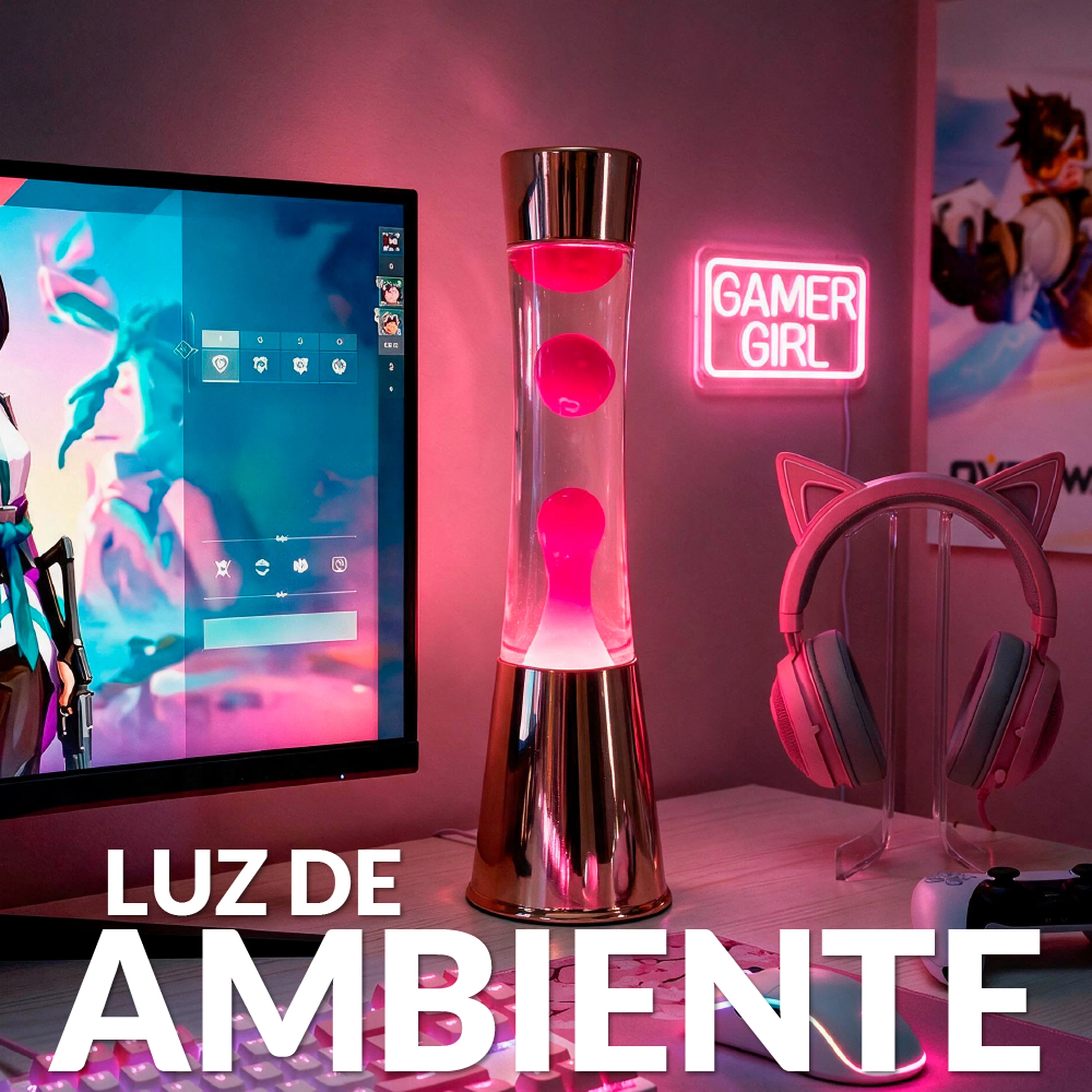 Lámpara de Lava con base oro rosa, líquido transparente y lava magenta