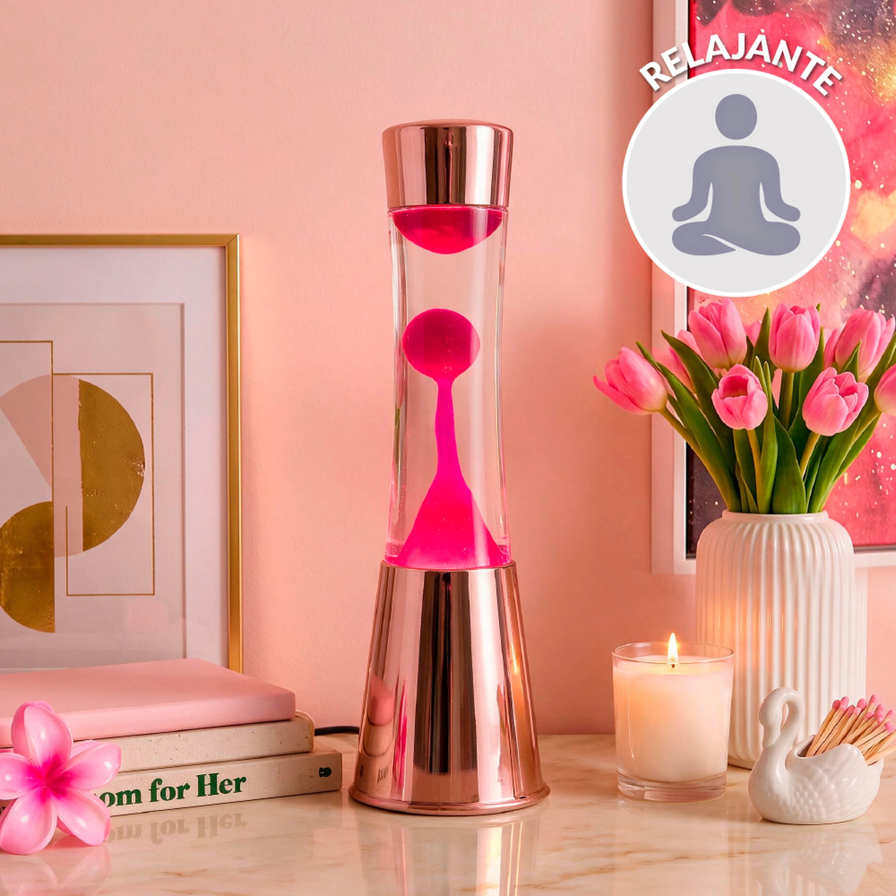 Lámpara de Lava con base oro rosa, líquido transparente y lava magenta