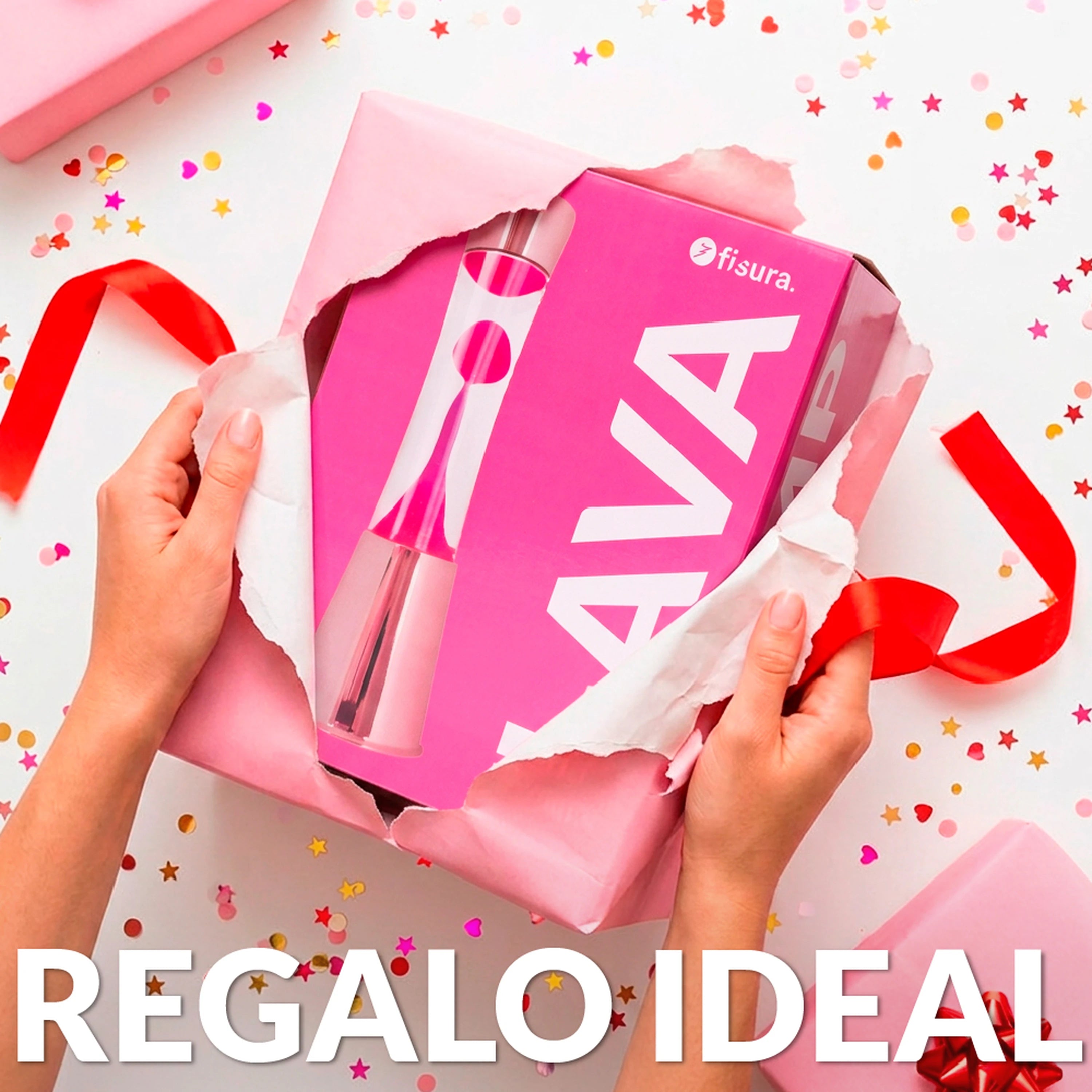 Lámpara de Lava con base oro rosa, líquido transparente y lava magenta