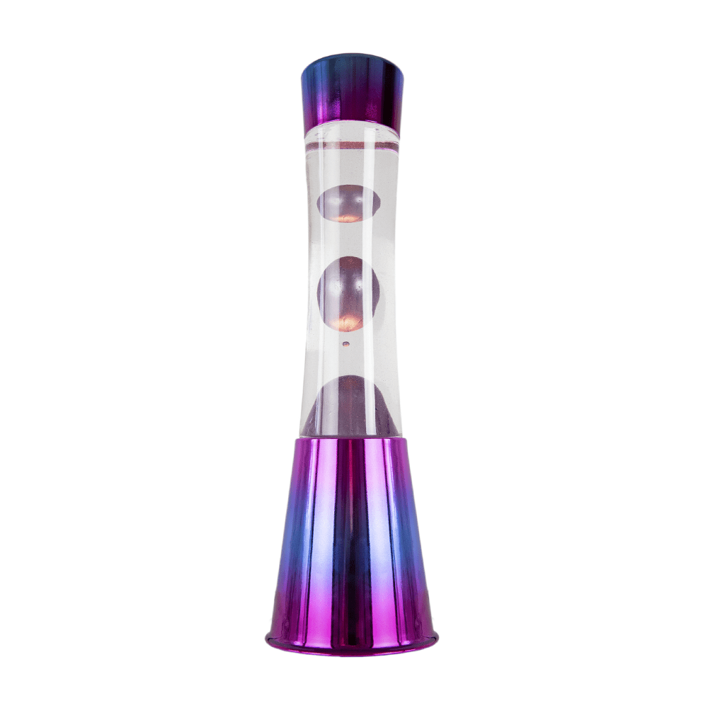 Lámpara de Lava con base iridiscente, líquido transparente y lava metálica morada