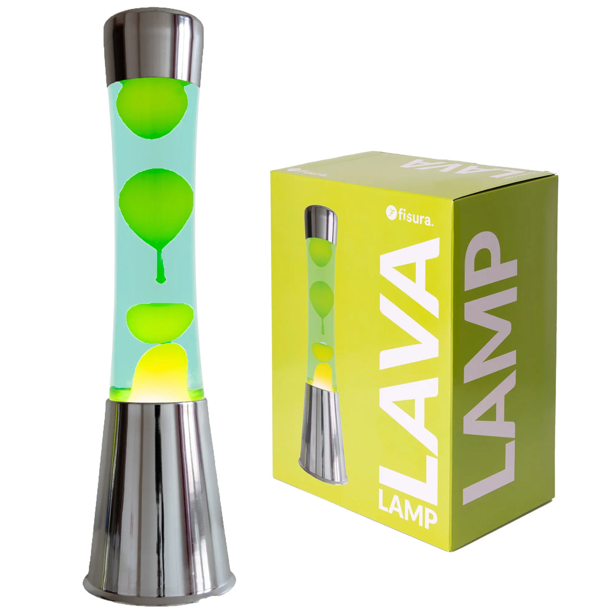 Lámpara de Lava con base cromo, líquido amarillo y lava verde