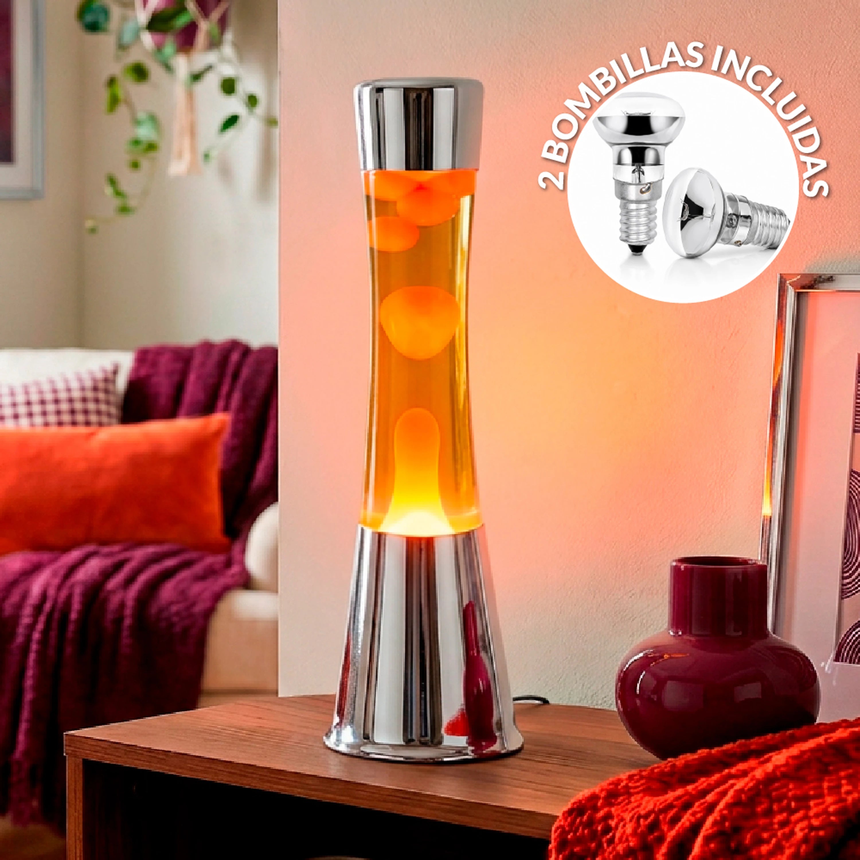 Lámpara de lava con base cromo, líquido naranja y lava naranja