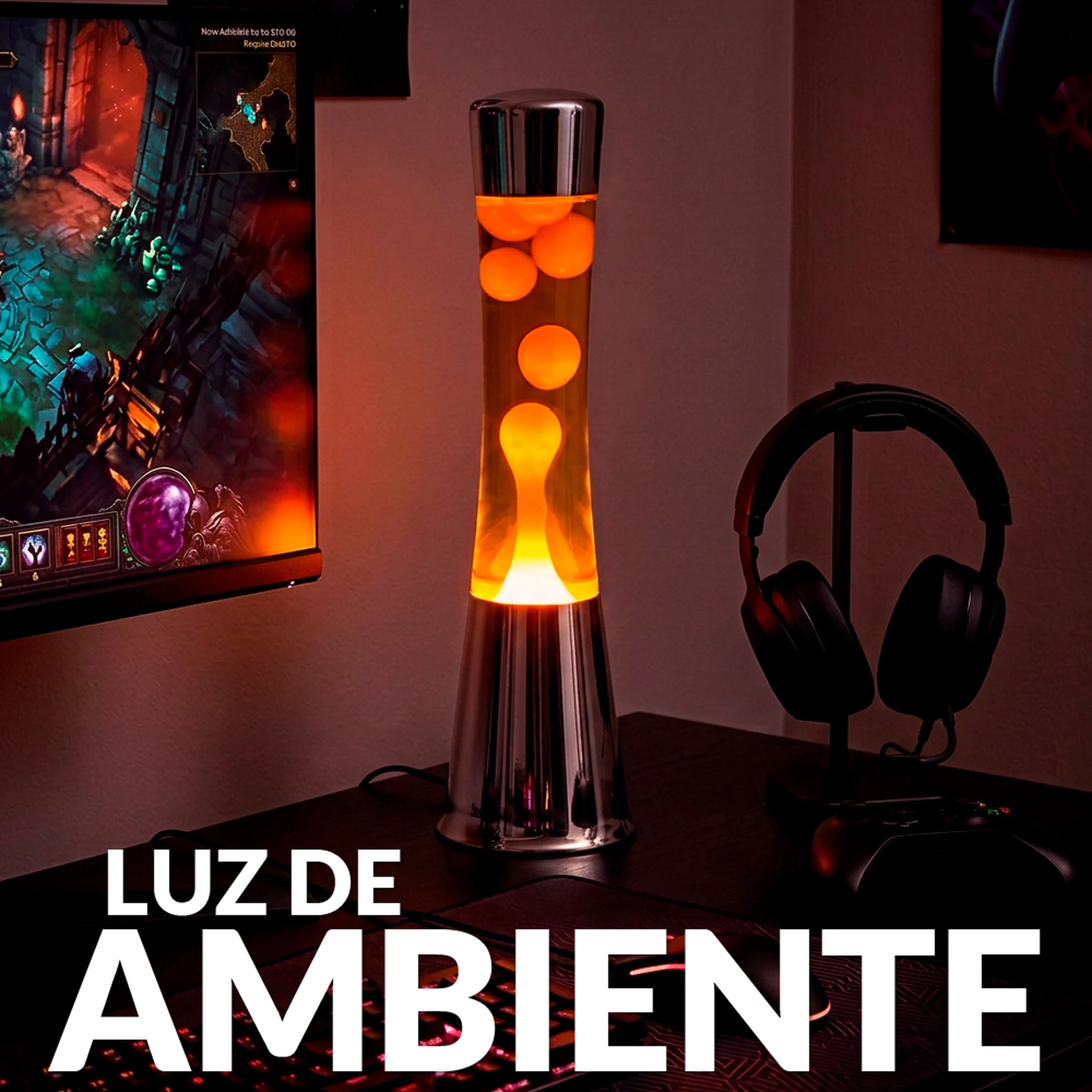 Lámpara de lava con base cromo, líquido naranja y lava naranja