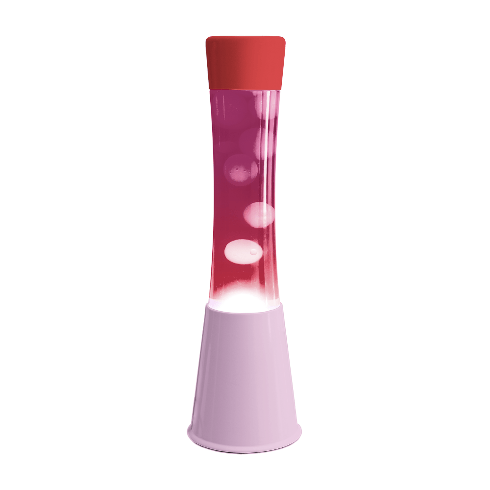 Lámpara de Lava base rosa con tapa roja, líquido rosa y lava transparente