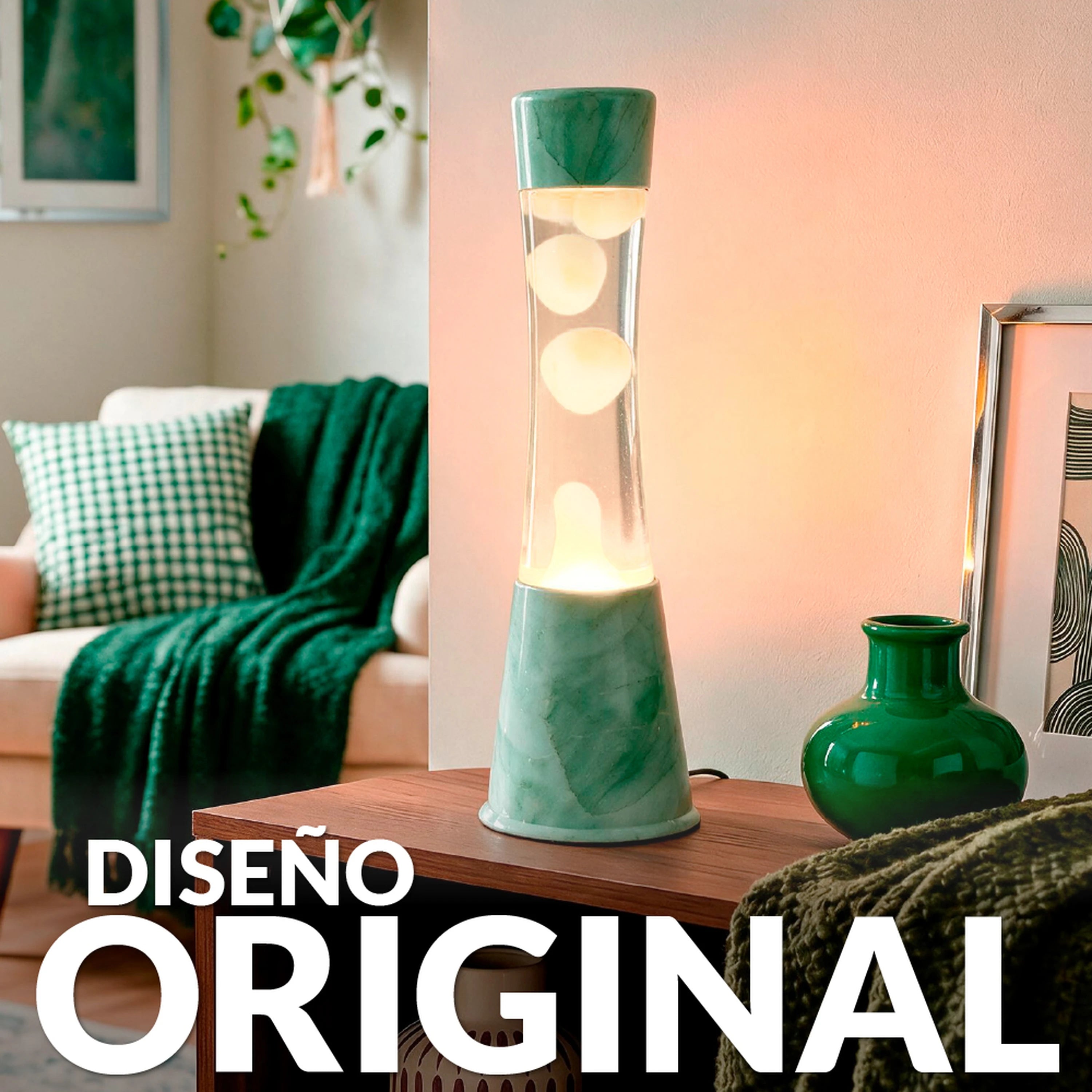 Lámpara de lava con base jade con líquido transparente con Lava menta