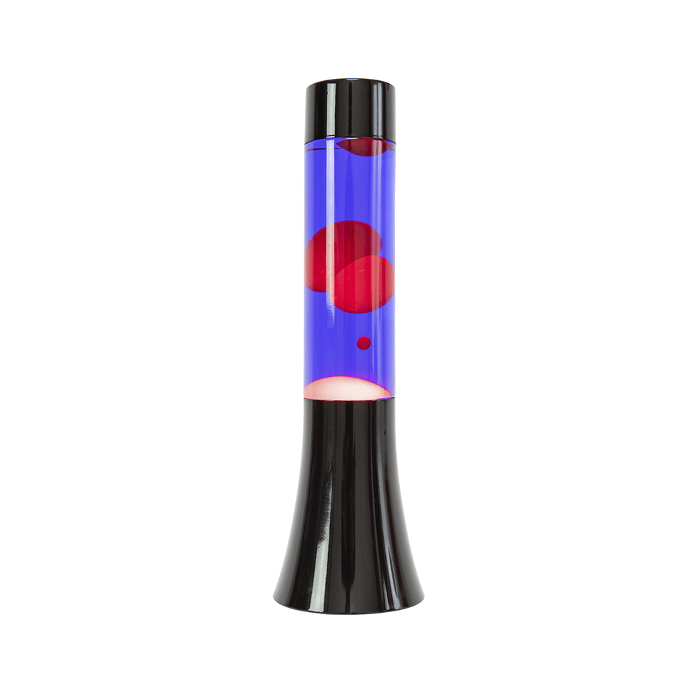 Lámpara de lava roja de 30 cm con base negra y líquido azul