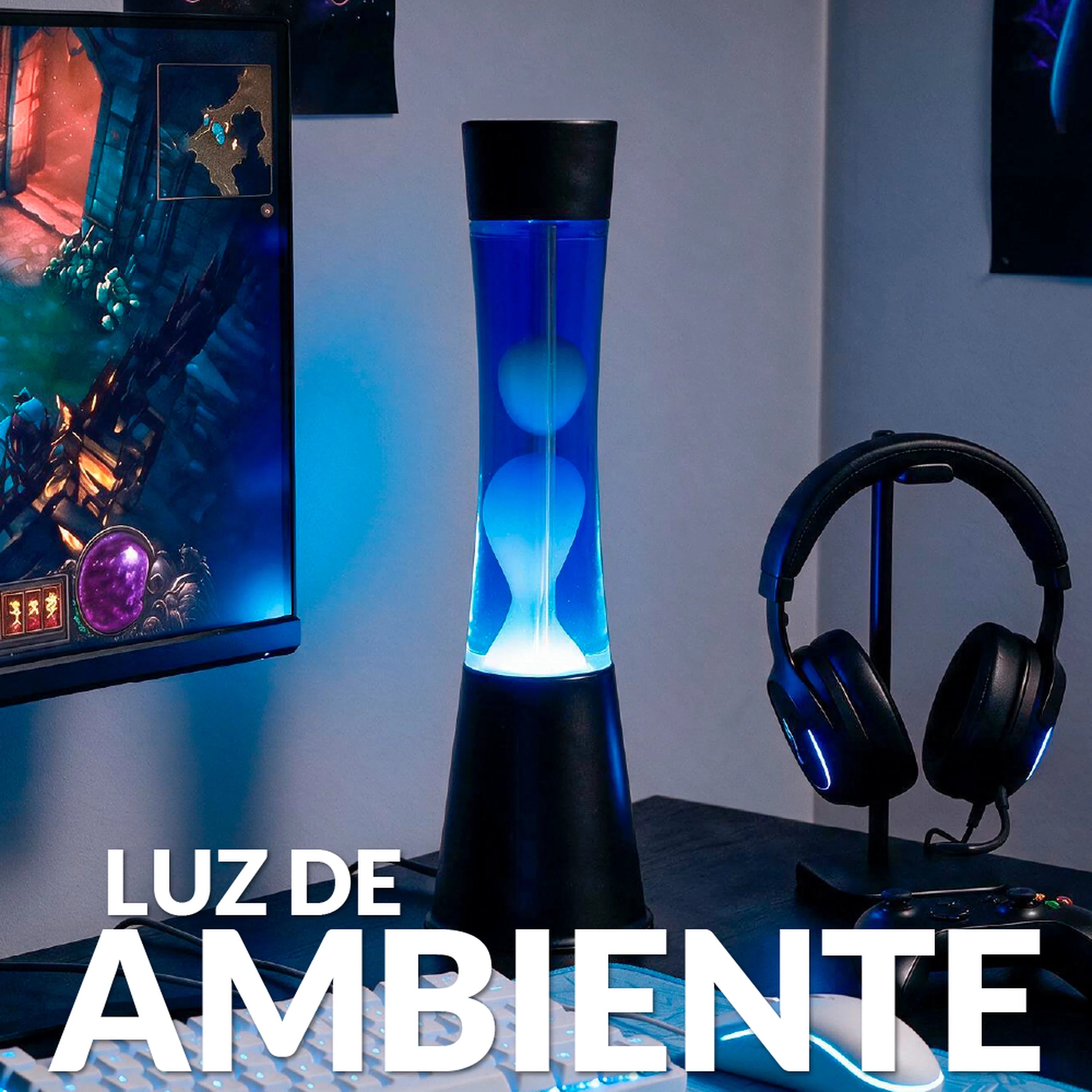 Lámpara de lava blanca de 40 cm con base negra y líquido azul