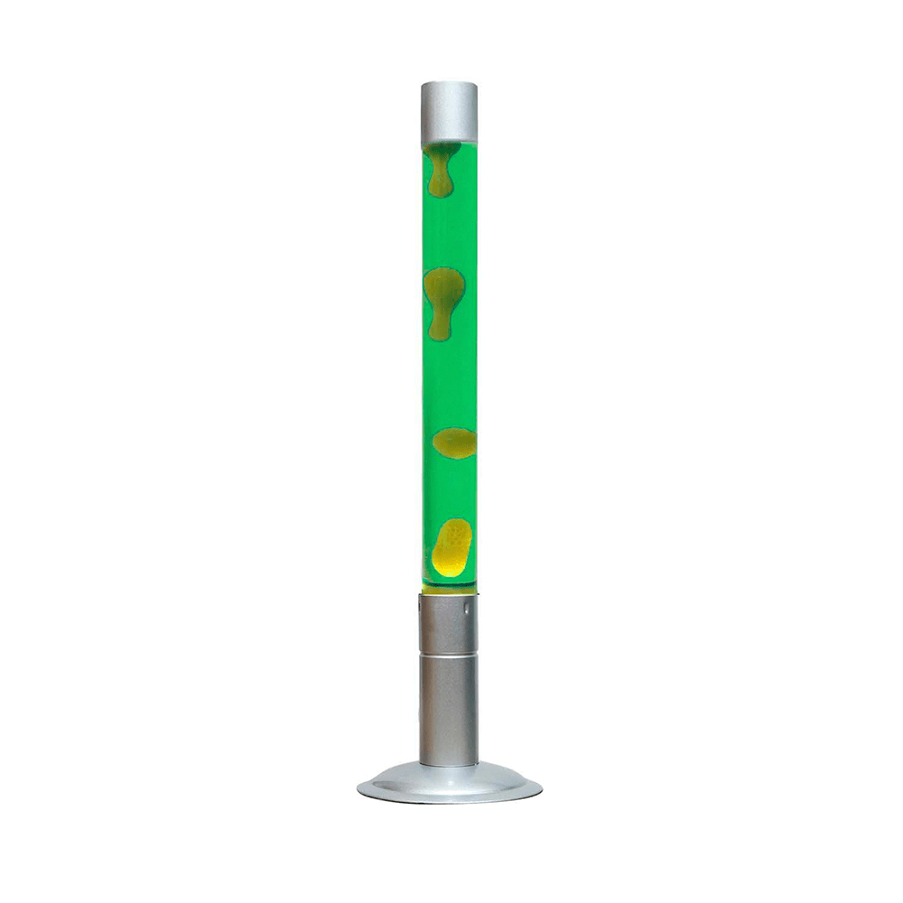 Lámpara de lava grande amarilla con base plateada y líquido verde
