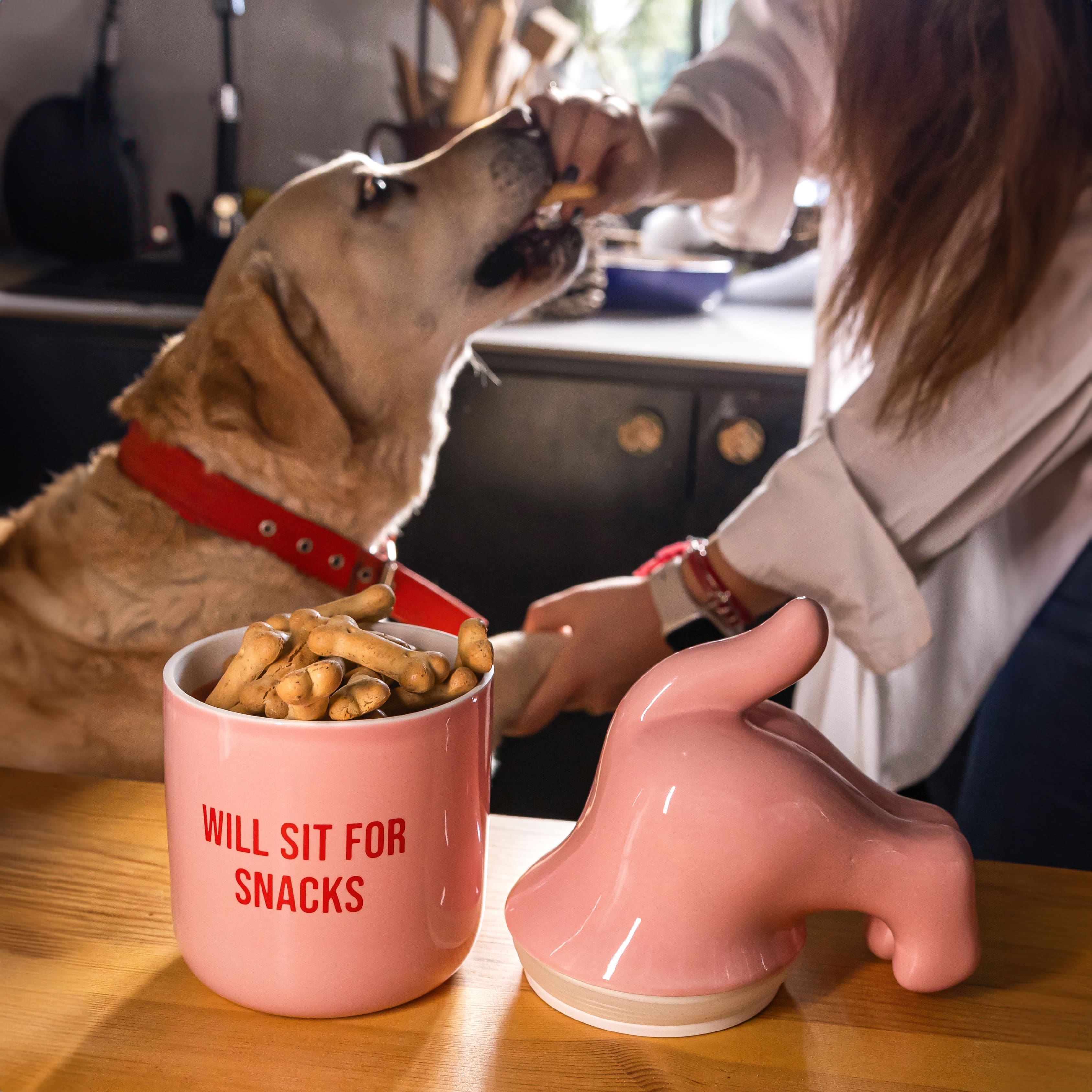 Bote premios “Will sit for snacks” rosa