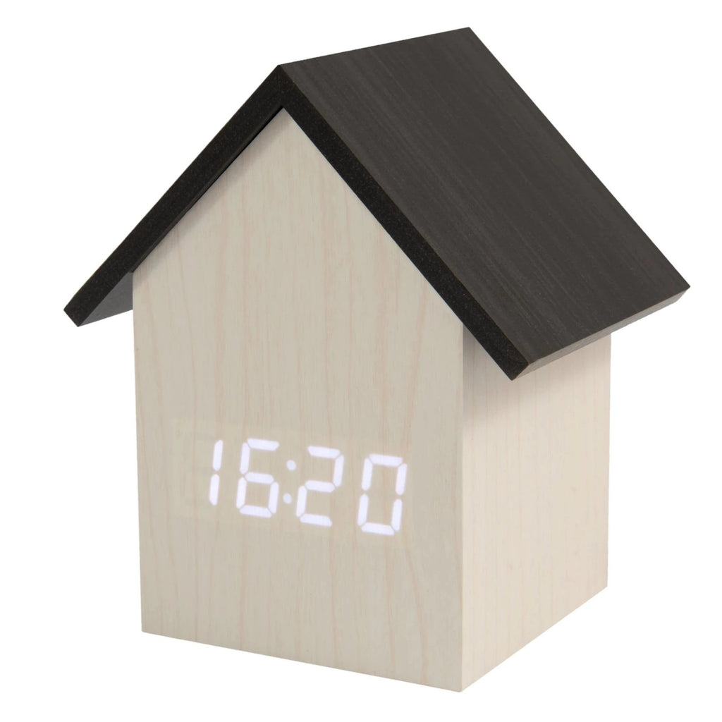 Reloj despertador LED casita madera blanca