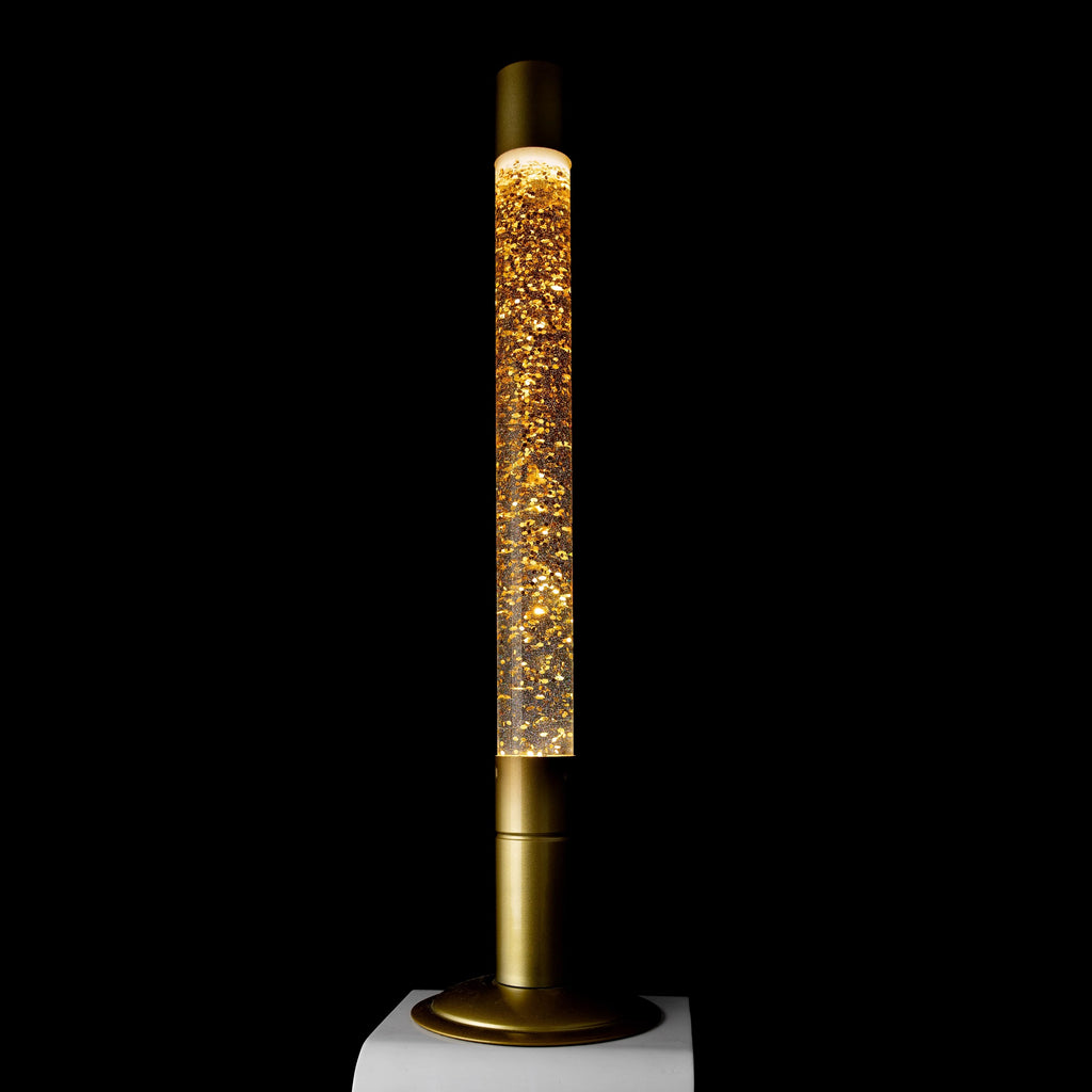 Lámpara de lava grande de purpurina multicolor con base oro y líquido transparente 