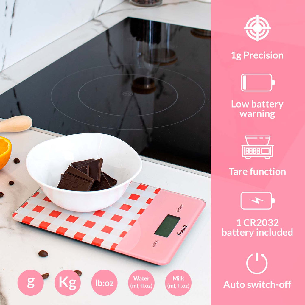 Báscula digital de cocina con estampado vichy rojo
