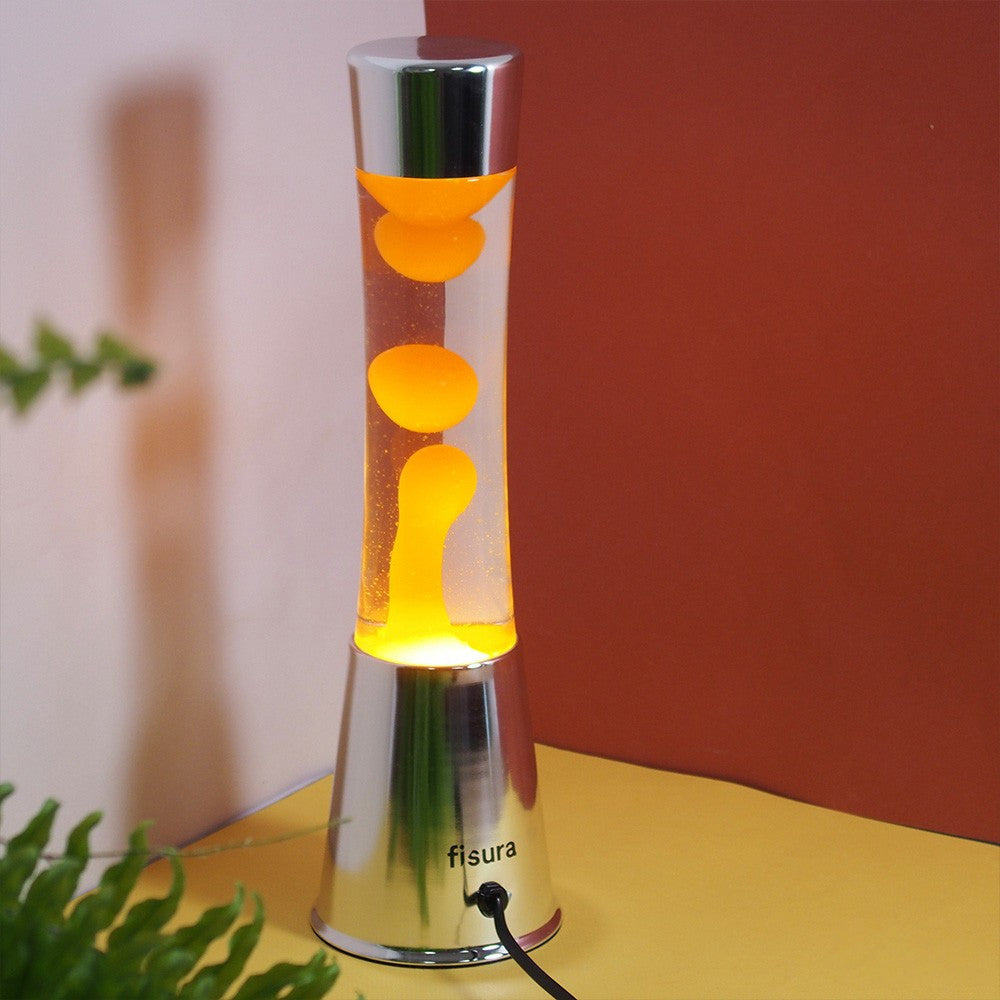 Lámpara de Lava con base cromo, líquido transparente y lava naranja
