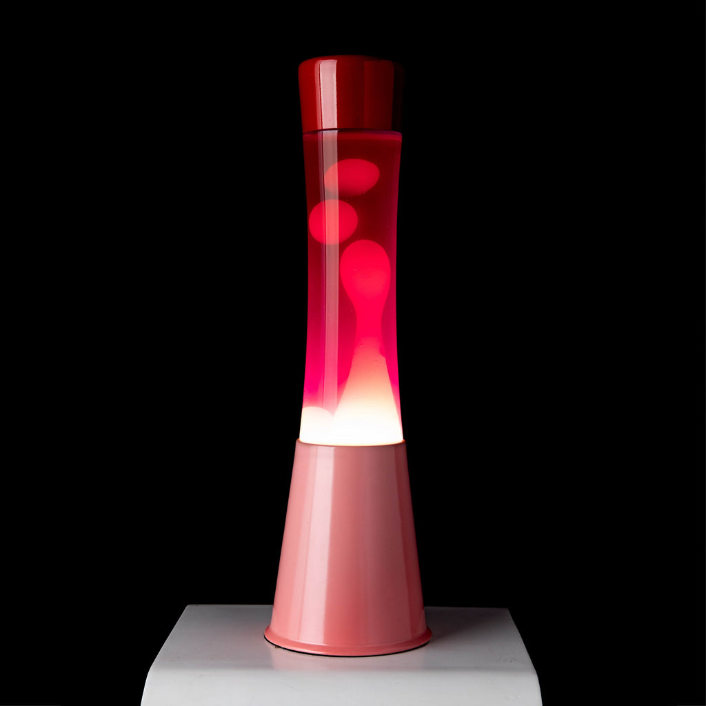 Lámpara de Lava base rosa con tapa roja, líquido rosa y lava transparente